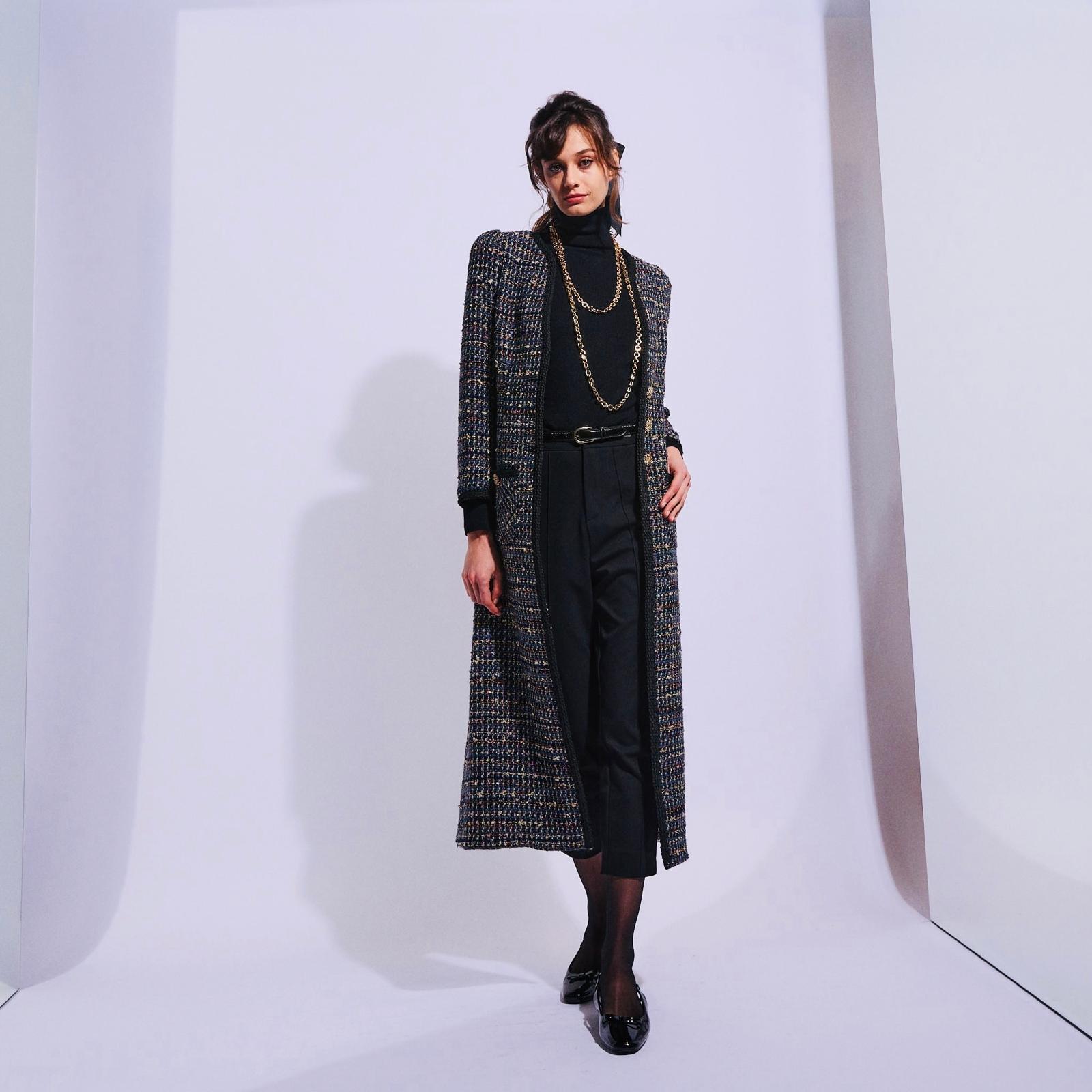 Long Metallic Tweed Coat with Patch Pockets