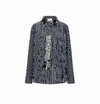 Striped Lace-Insert Blouse with Ruffled Placket