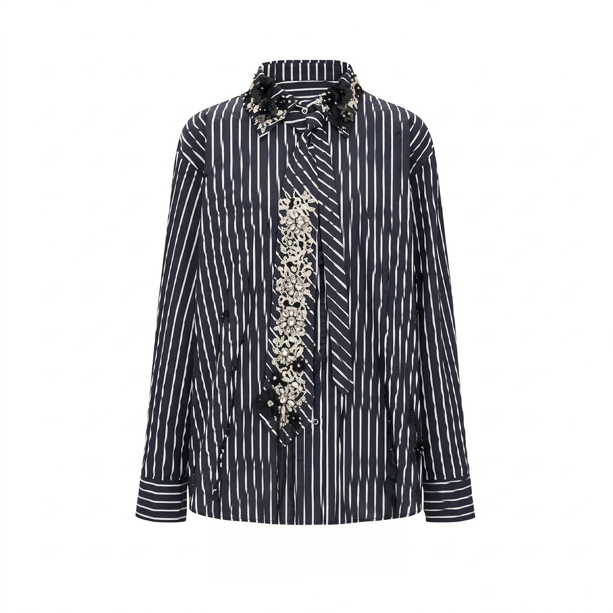 Striped Lace-Insert Blouse with Ruffled Placket