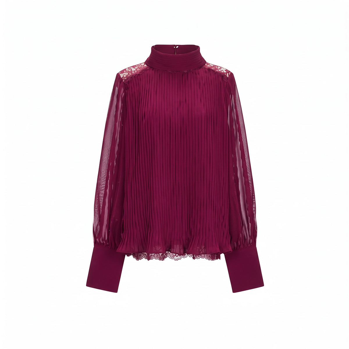 Pleated High-Neck Lace Blouse