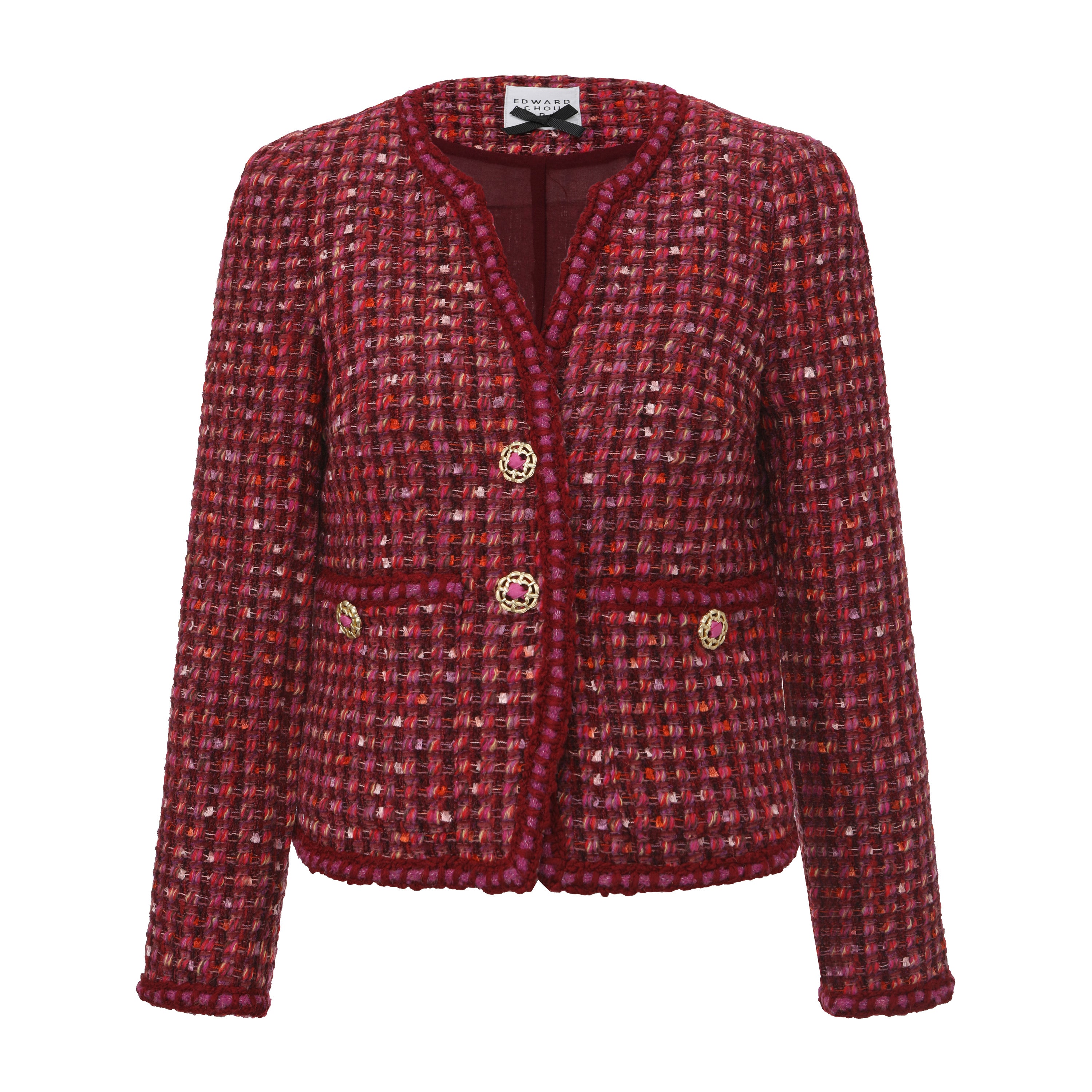 Collarless Four-Pocket Tweed Jacket