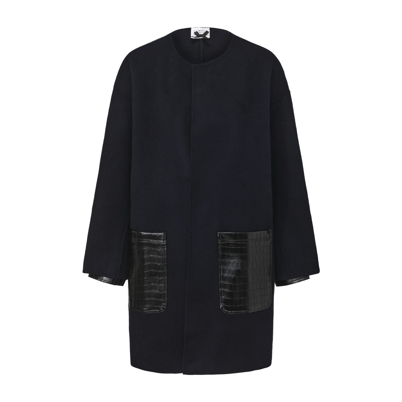 Collarless Coat with Glossy Patch Pockets