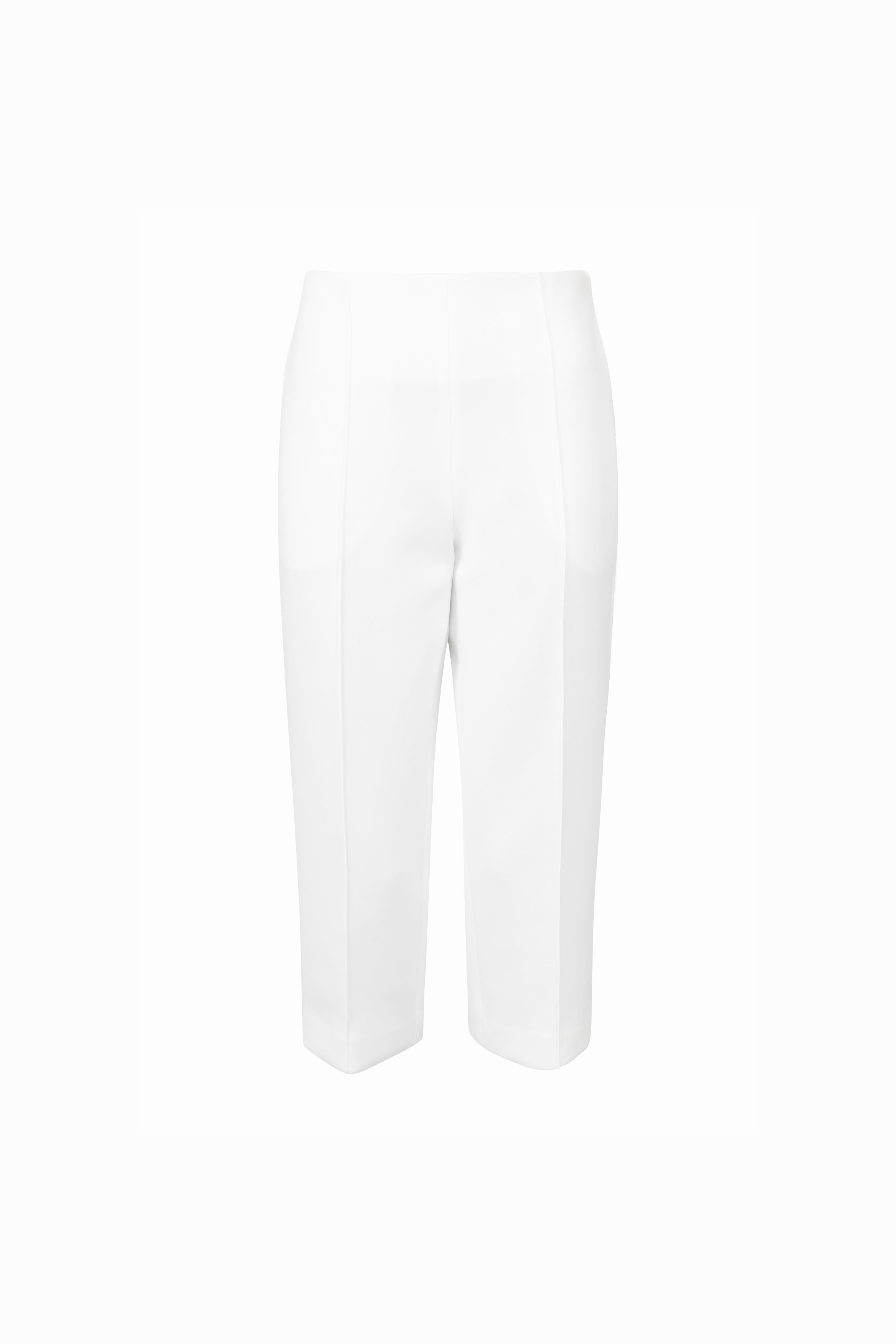 100918 Front view of white high-waisted architectural capri pants with sharp pleats.