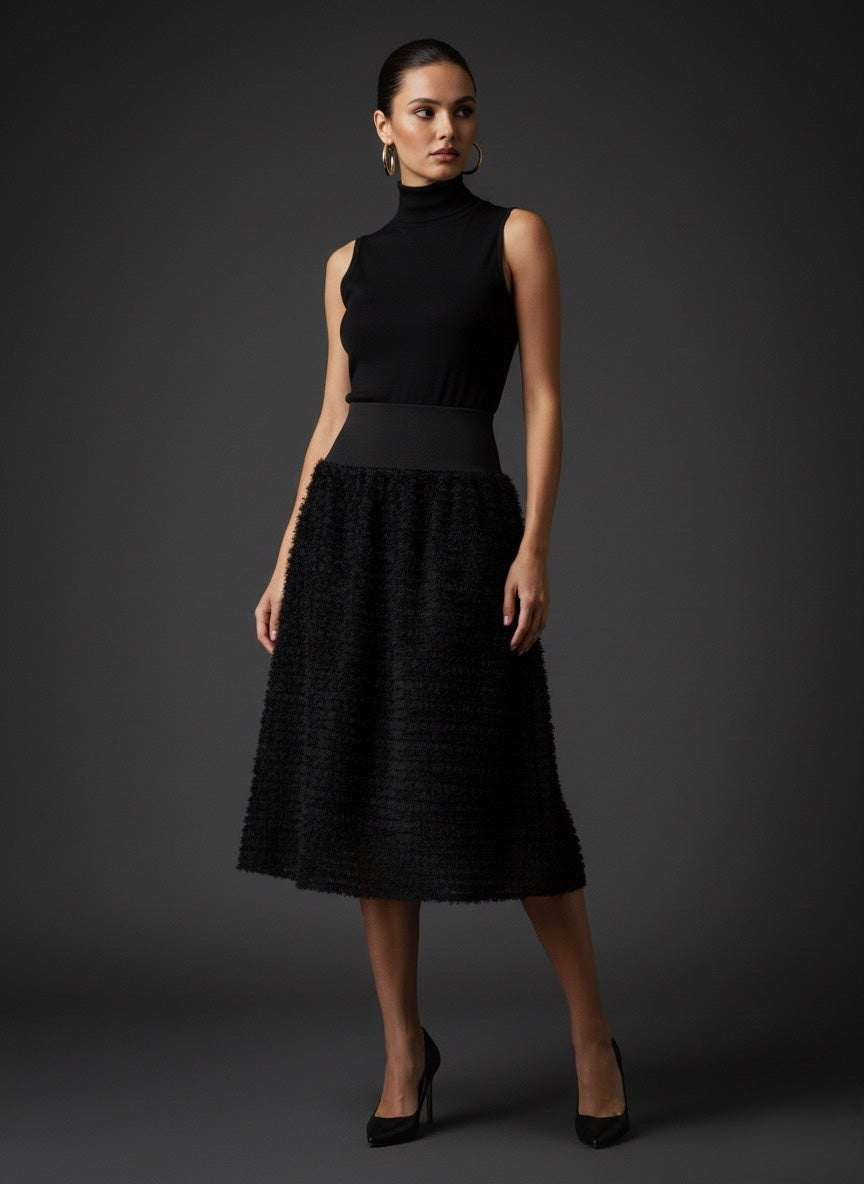 Black Striped Sheer Midi Skirt with Stretch Waist (091104/924)