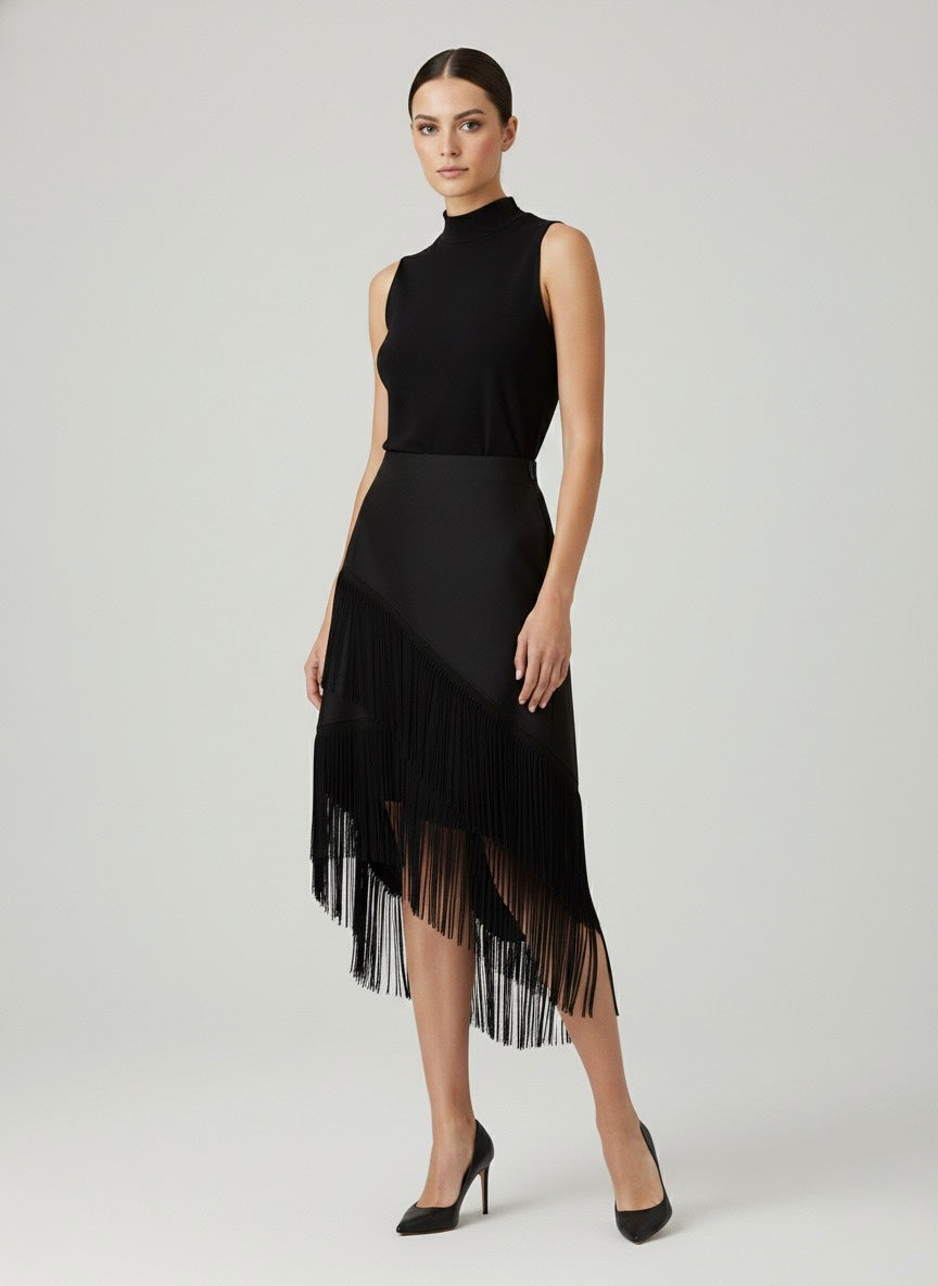 Asymmetric Lambskin-Trimmed Wool-Cashmere Fringe Poncho (092014/995)