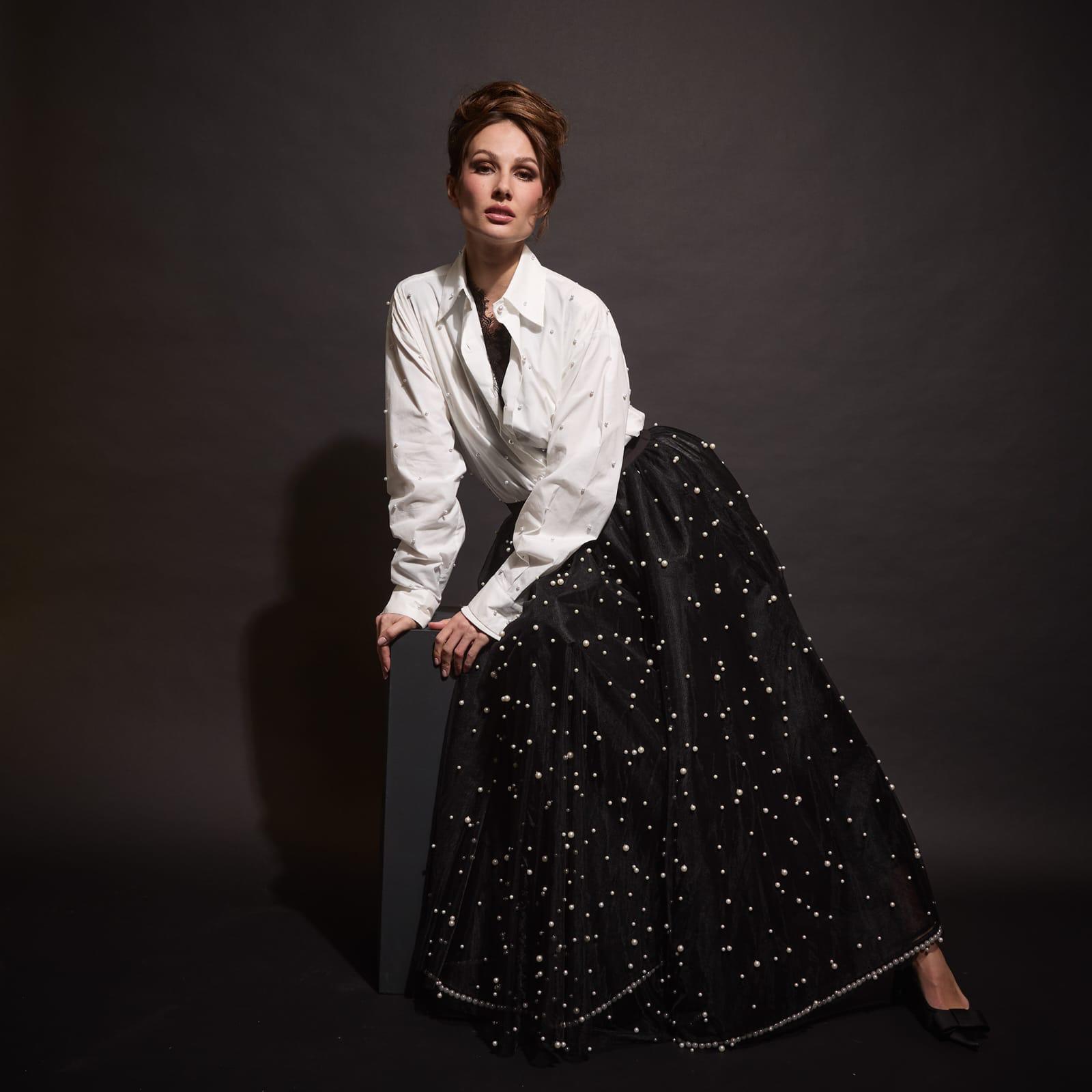 Black Tulle Multi Layers Skirt with Pearl Embellishments (091103918)