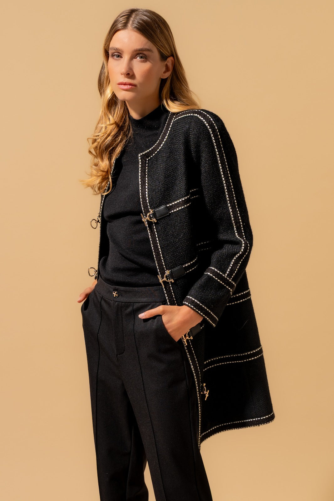 Gold-Buckle Trimmed Long Jacket (090201/901)