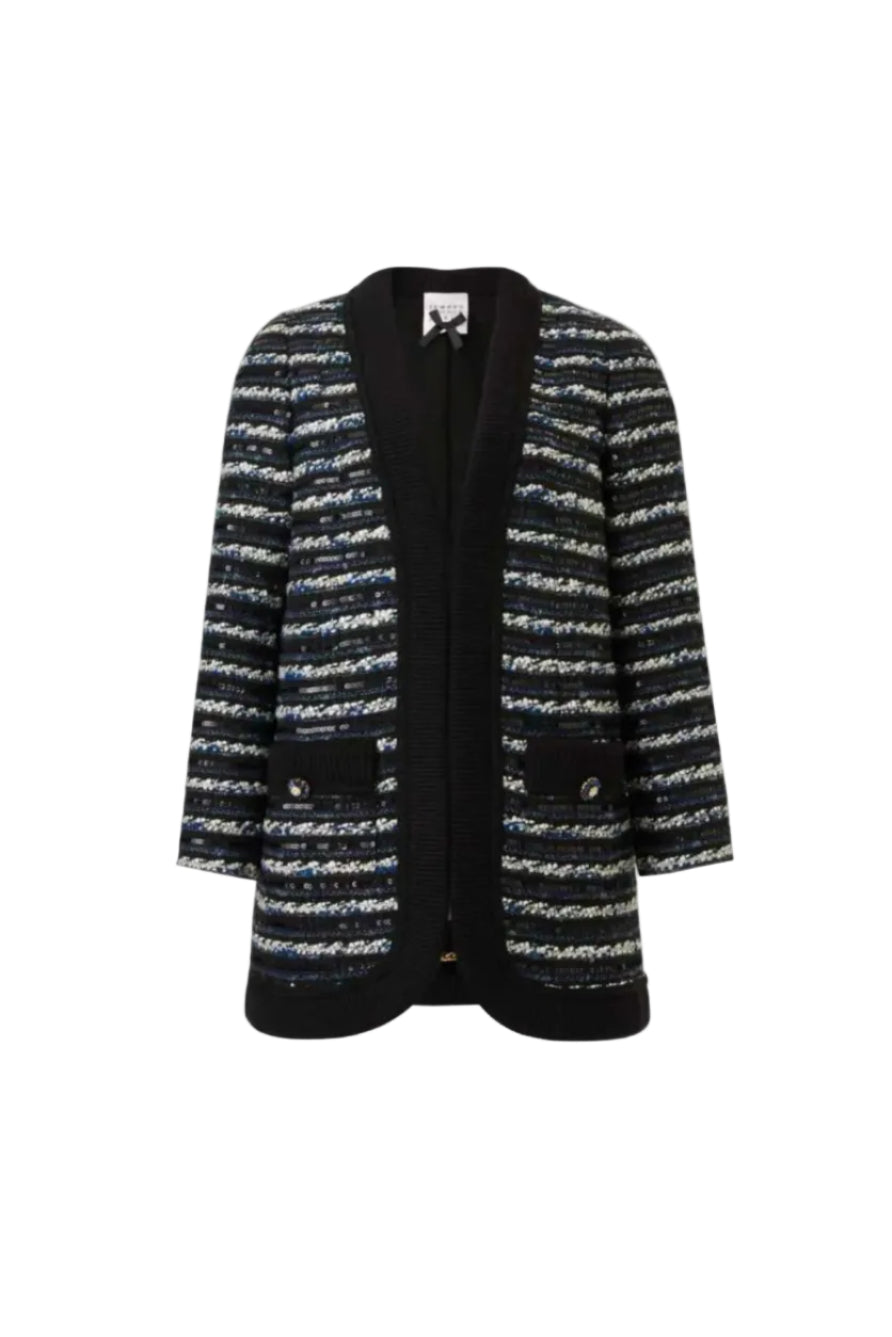 Striped Cropped Long Coat with Knit Trim (090104/902)