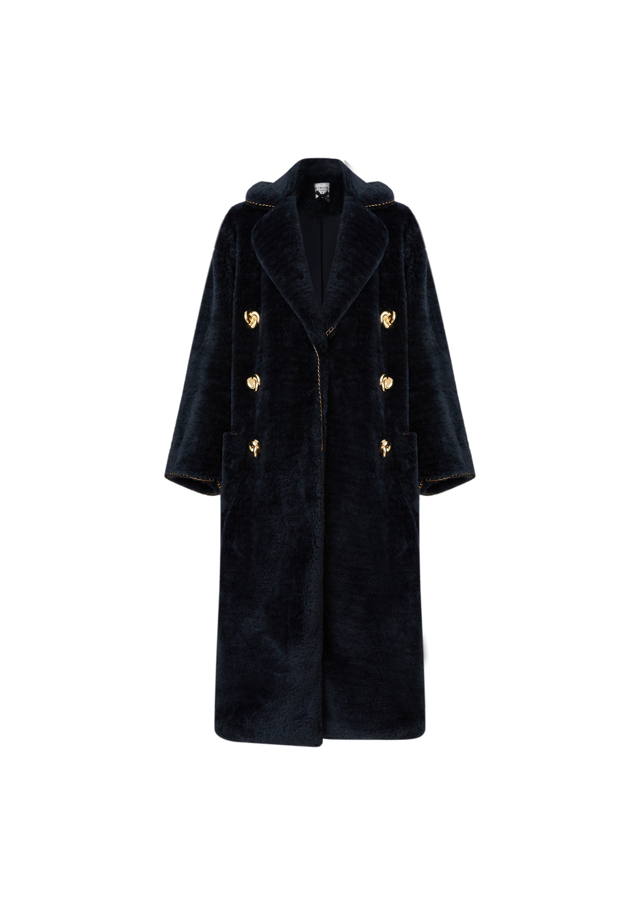 Navy Long Teddy Coat in Eco-Conscious Plush with Gold Jewel Buttons (090202/904)