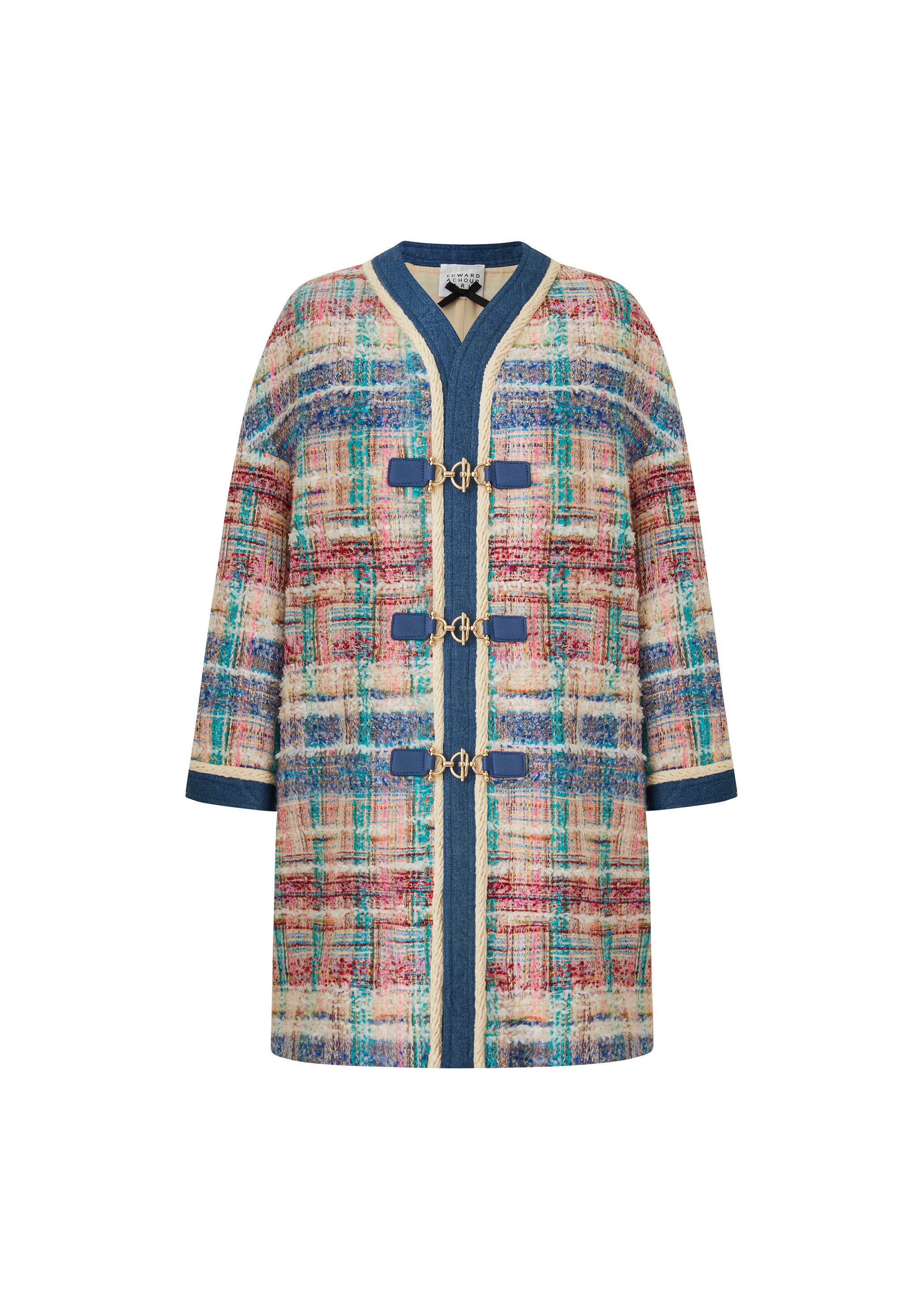 Multicoloured Natté Boxy Coat with Denim Placket With Gold-Lock Buttons (090209/915)