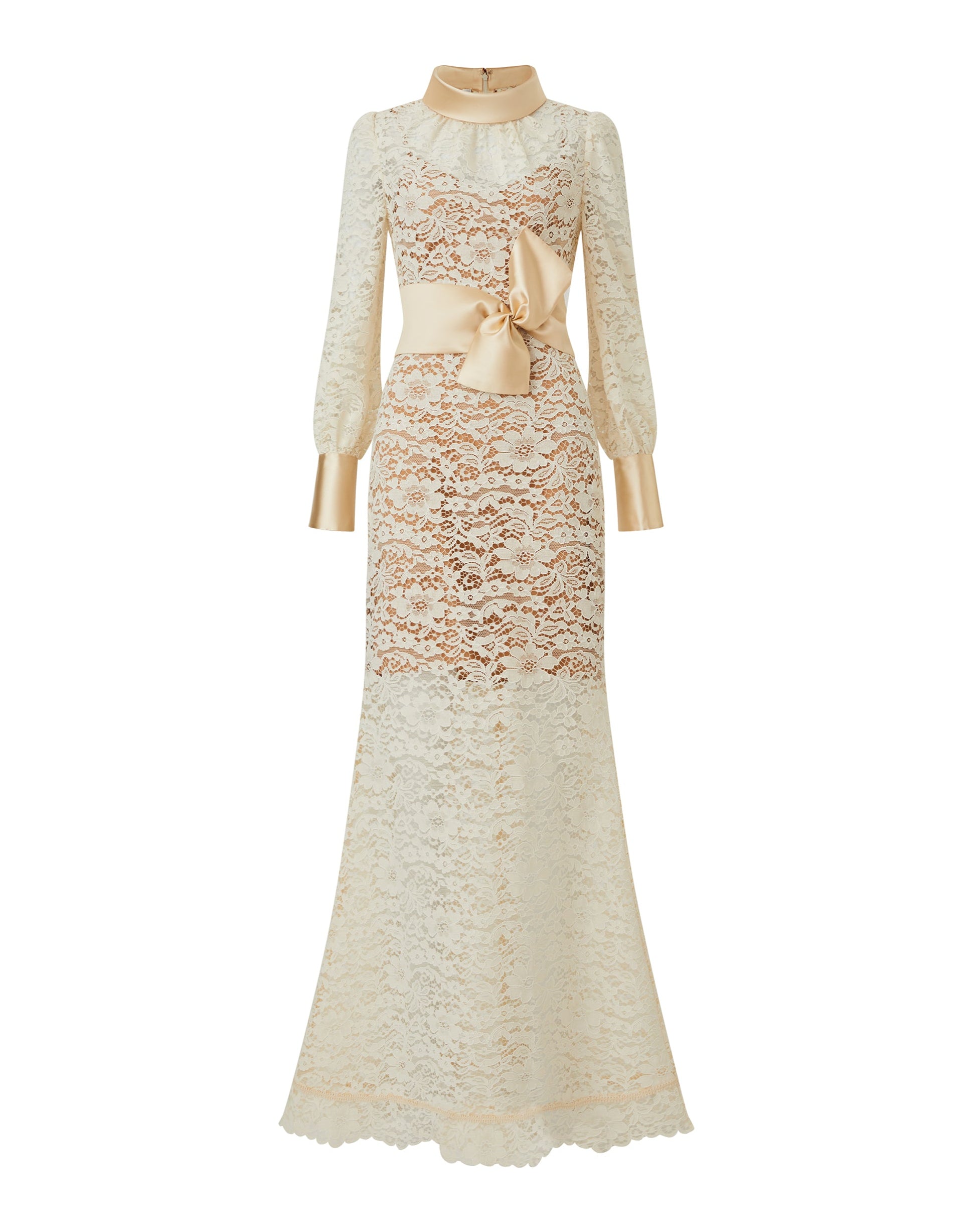 Champagne Lace Maxi Dress with Satin Bow Detail (090401/937)