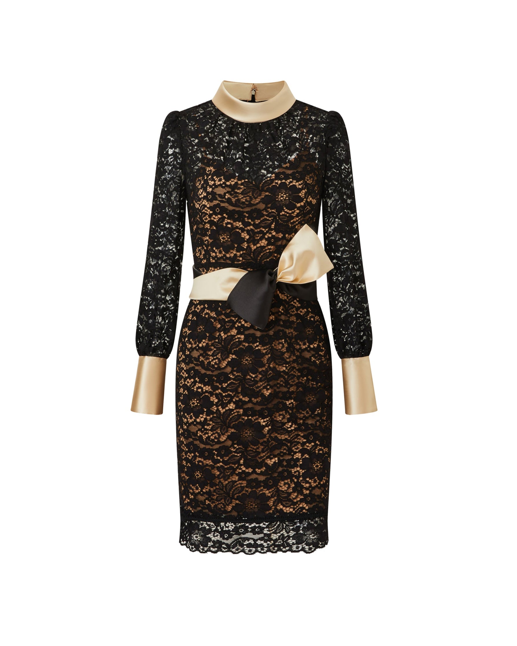 Black Lace Knee-Length Dress with Satin Bow Detail (090402/937)
