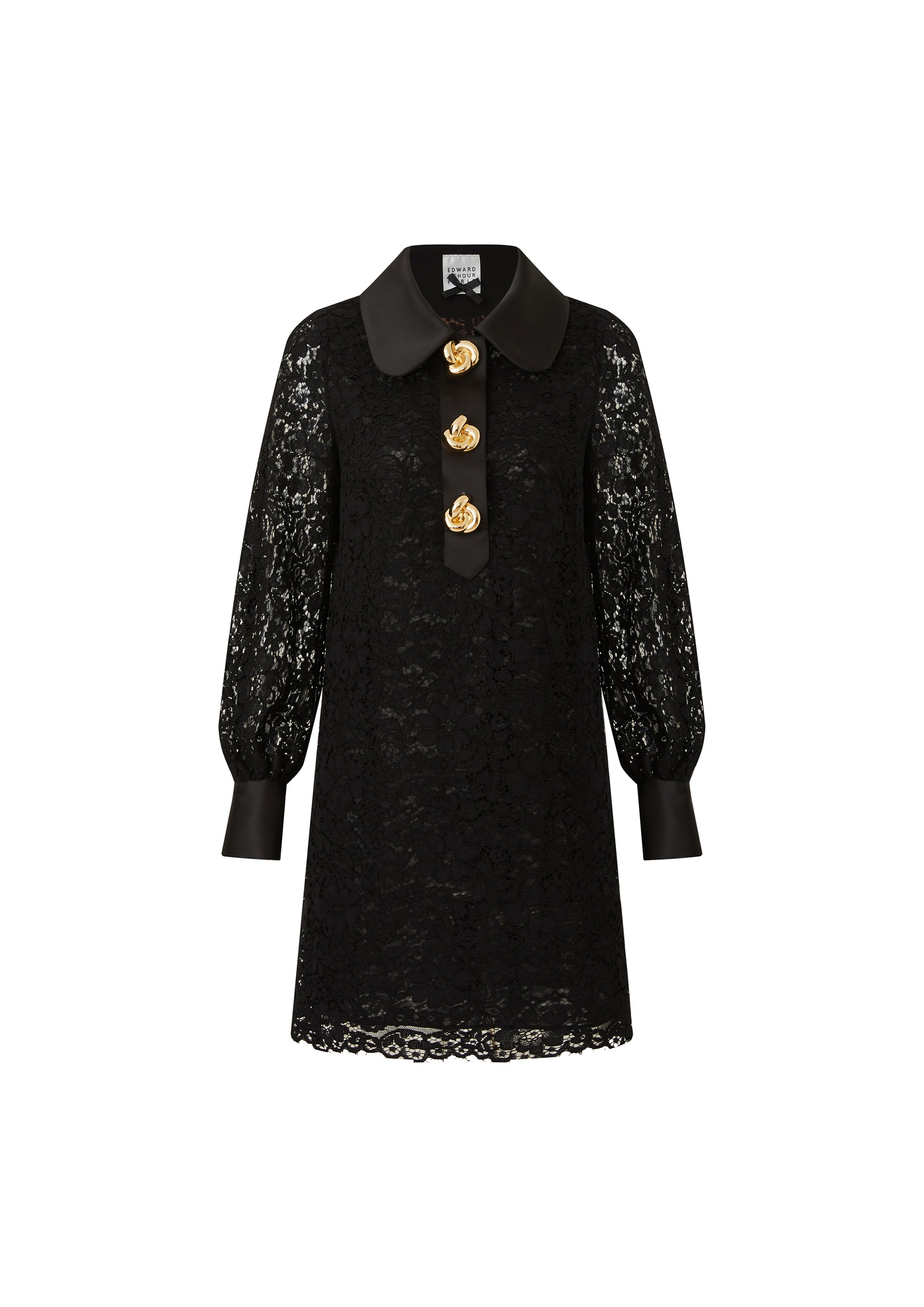 Elegant Black Lace Knee-Length Dress with Gold Button Detail (090409/937)