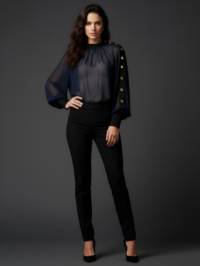 Asymmetric Chiffon Shirt with Gold Button Detailing (090603/917)