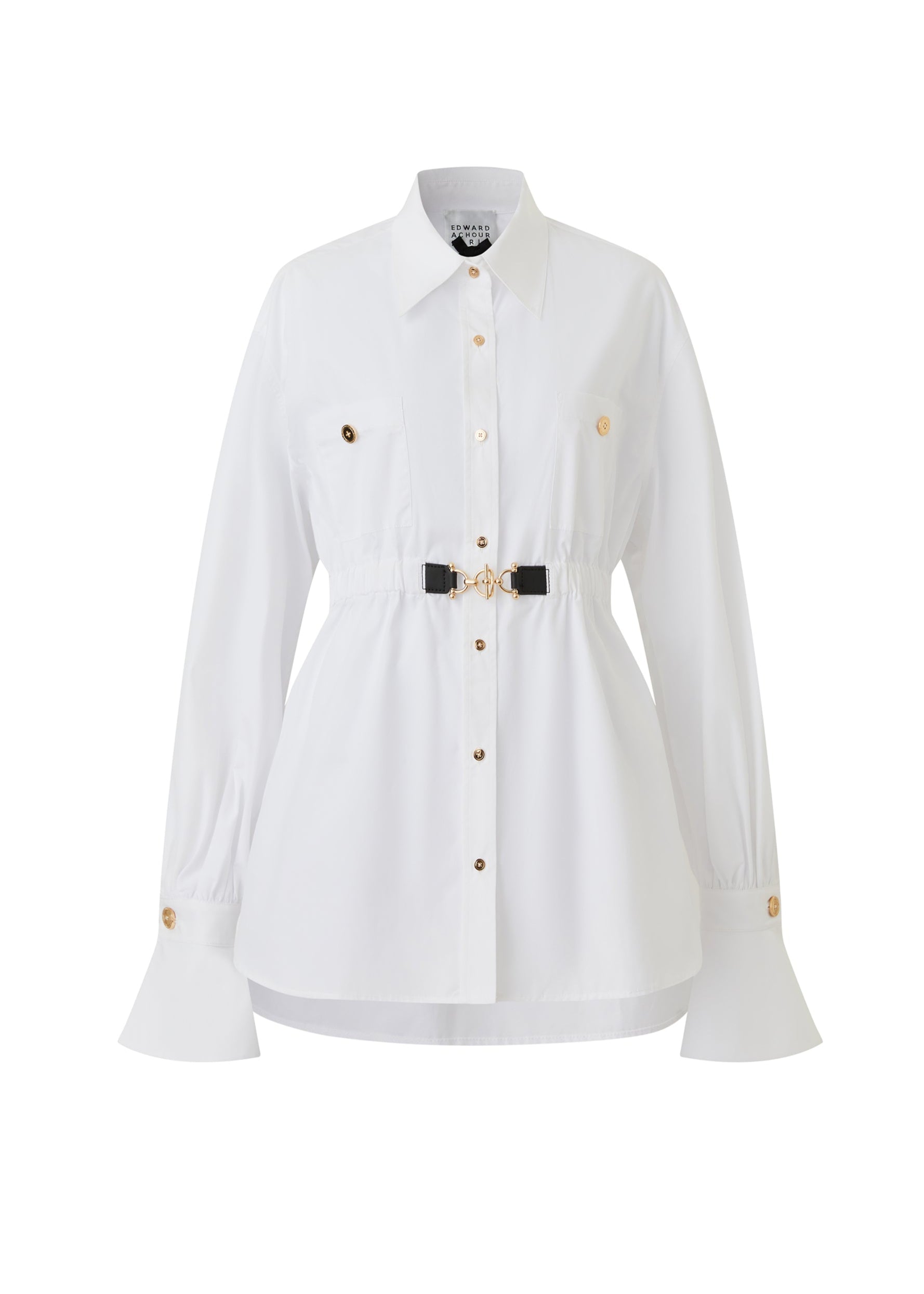 White Cinched-Waist Blouse with Gold Clasp (090604/920)