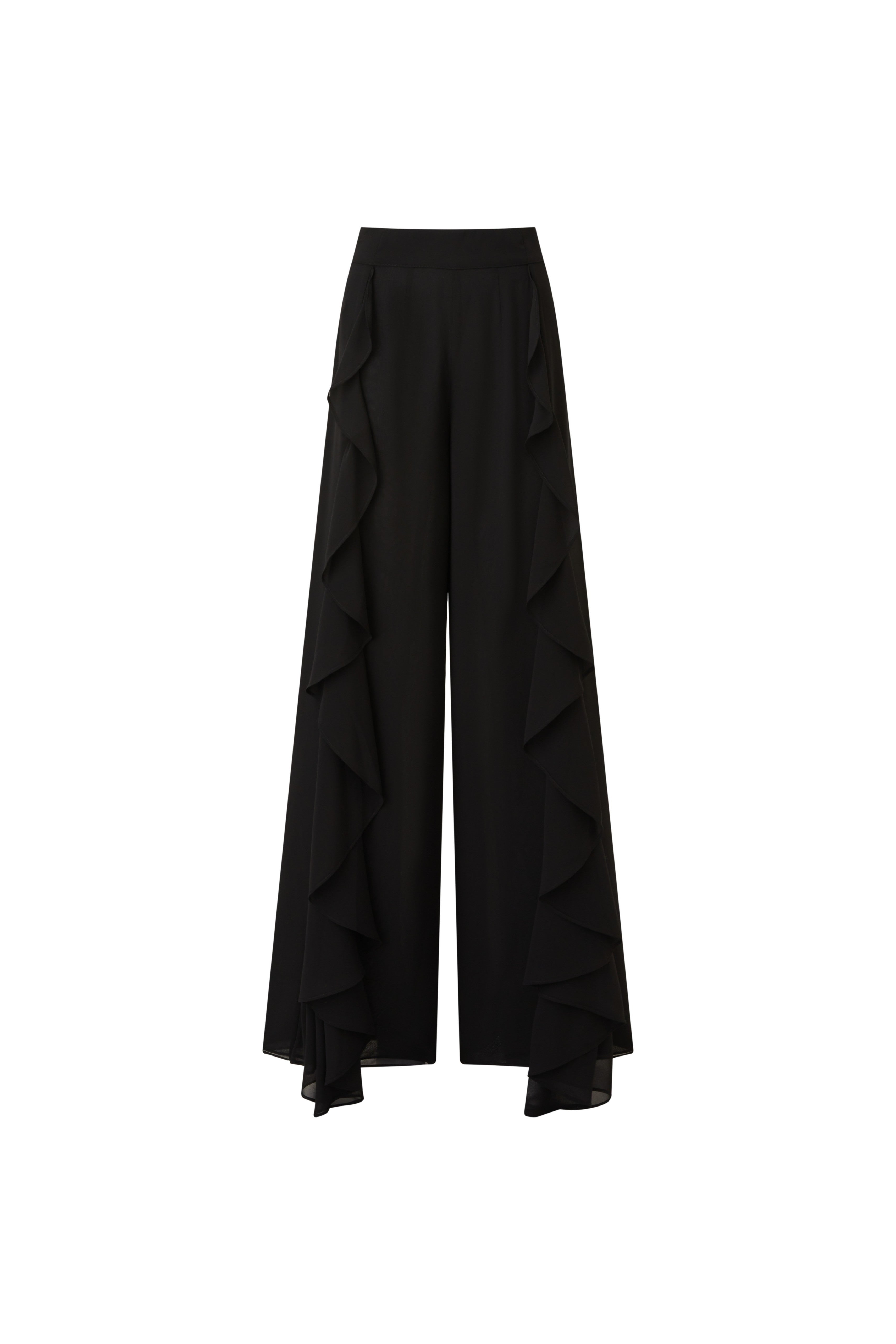 Black Ruffle-Trim Wide-Leg Pants (090906/936)