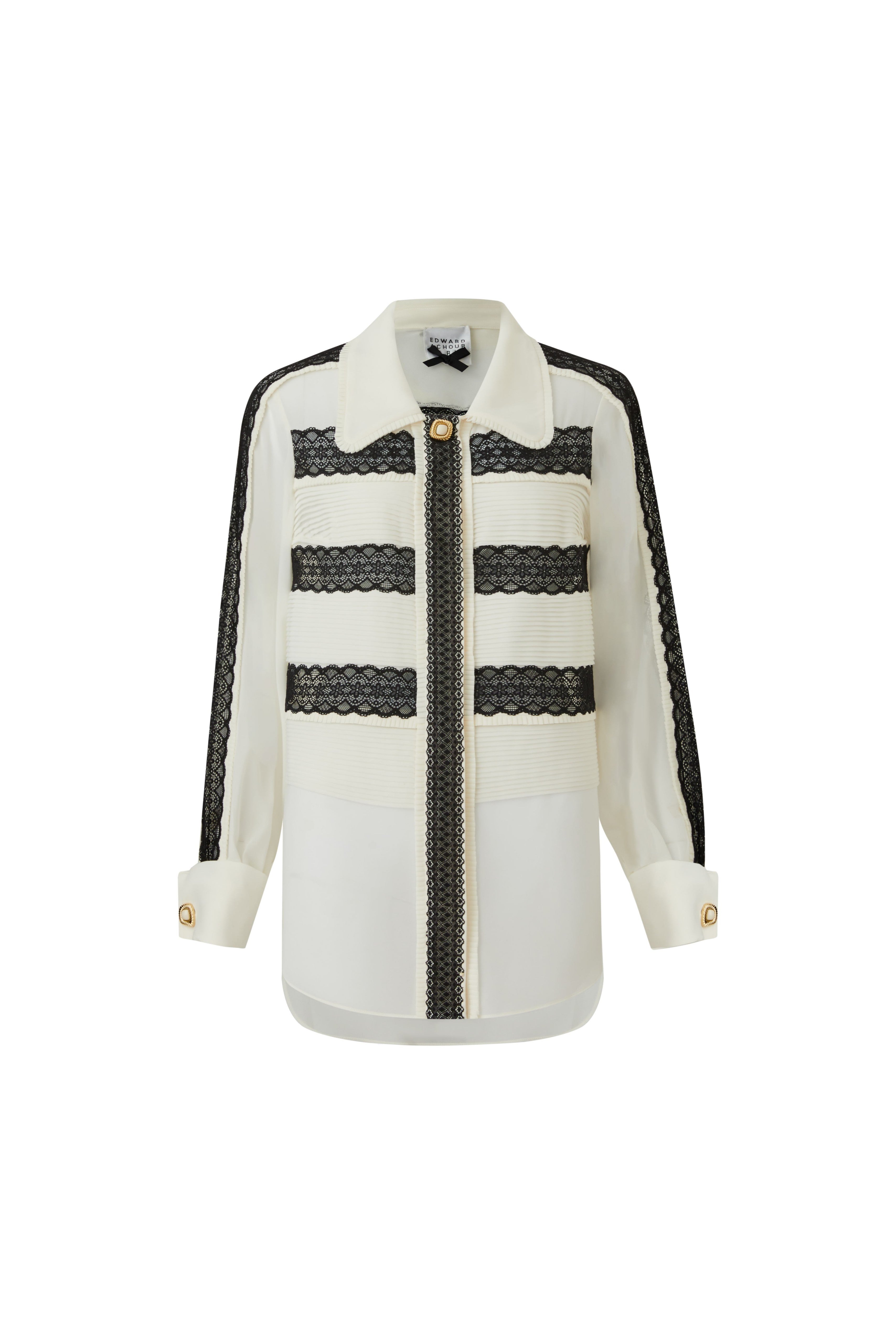 Ivory Blouse with Black Lace Panel Detailing (090614/936)