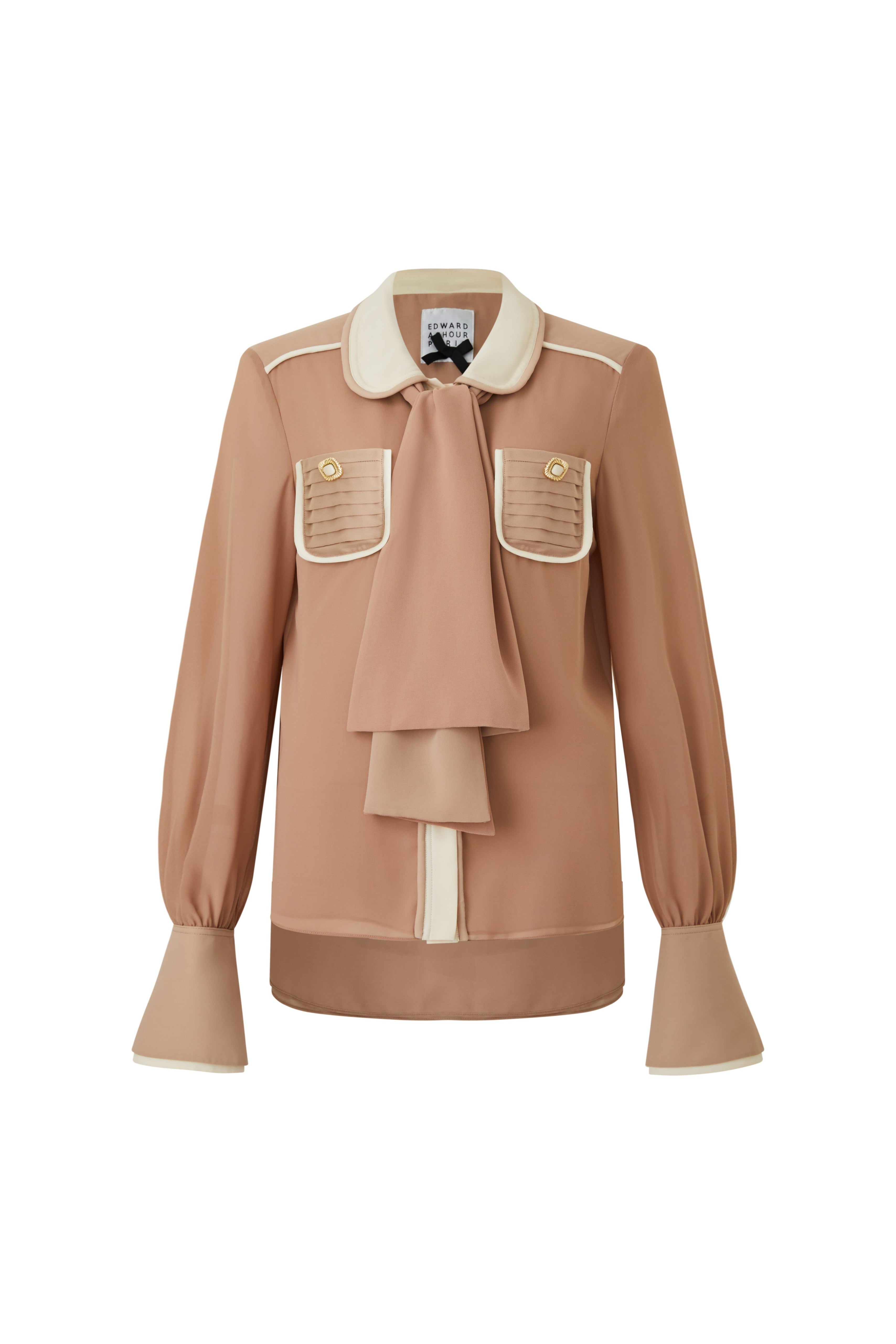 Soft Camel Blouse with Contrast Trim and Scarf Tie (090620/936)