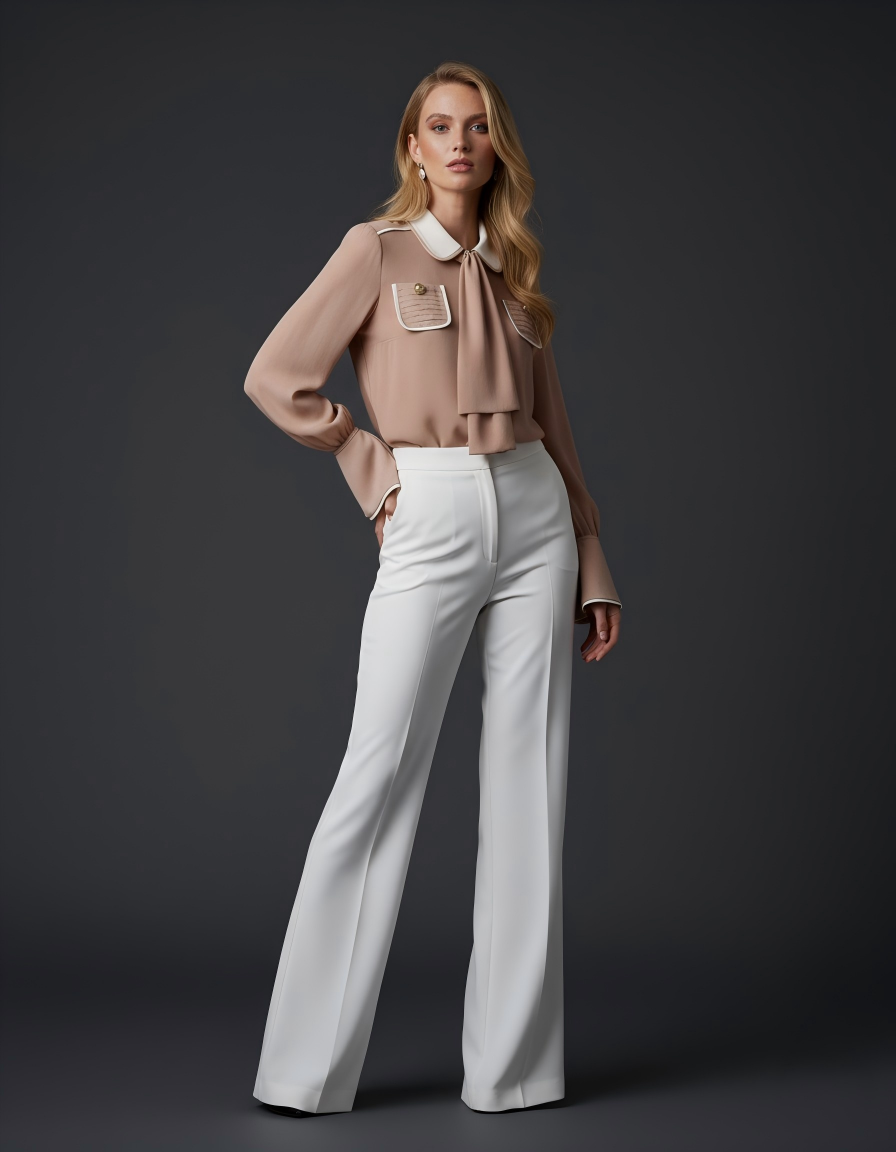 Soft Camel Blouse with Contrast Trim and Scarf Tie (090620/936)