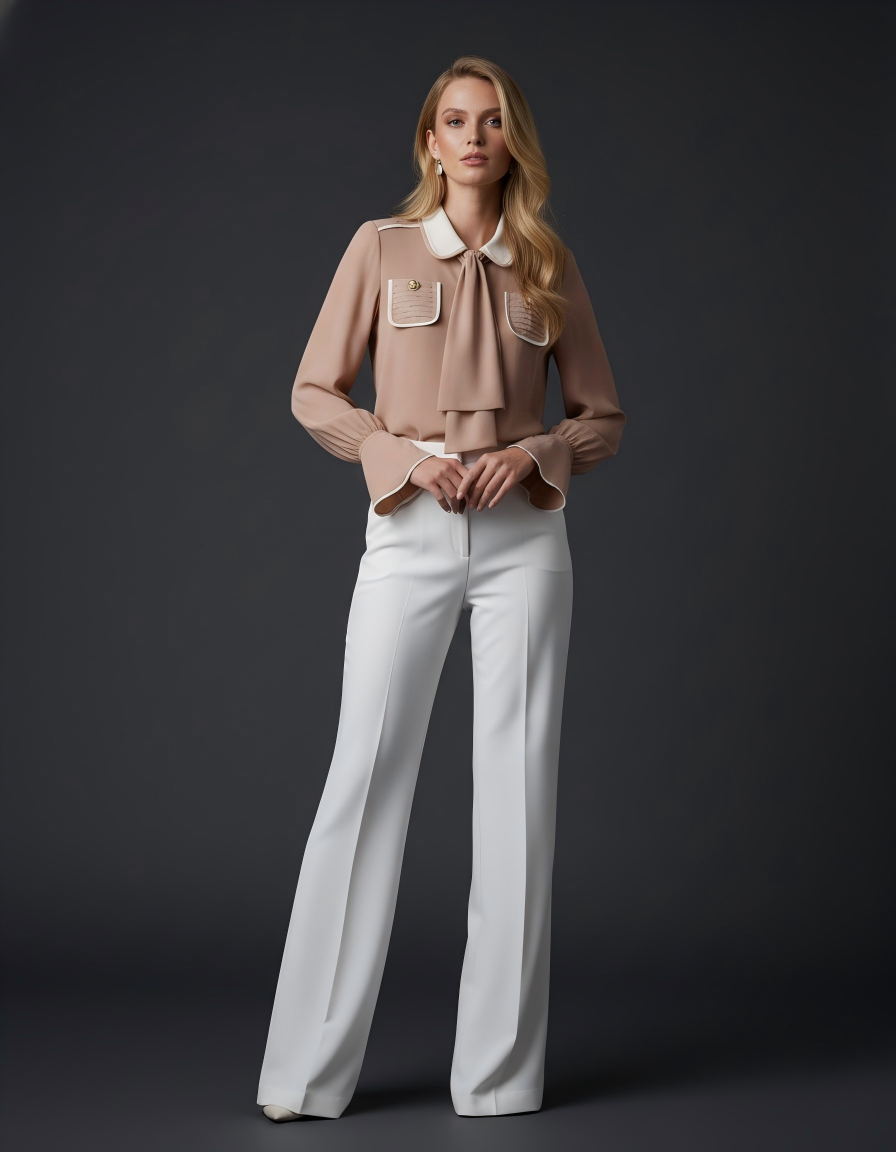 Soft Camel Blouse with Contrast Trim and Scarf Tie (090620/936)