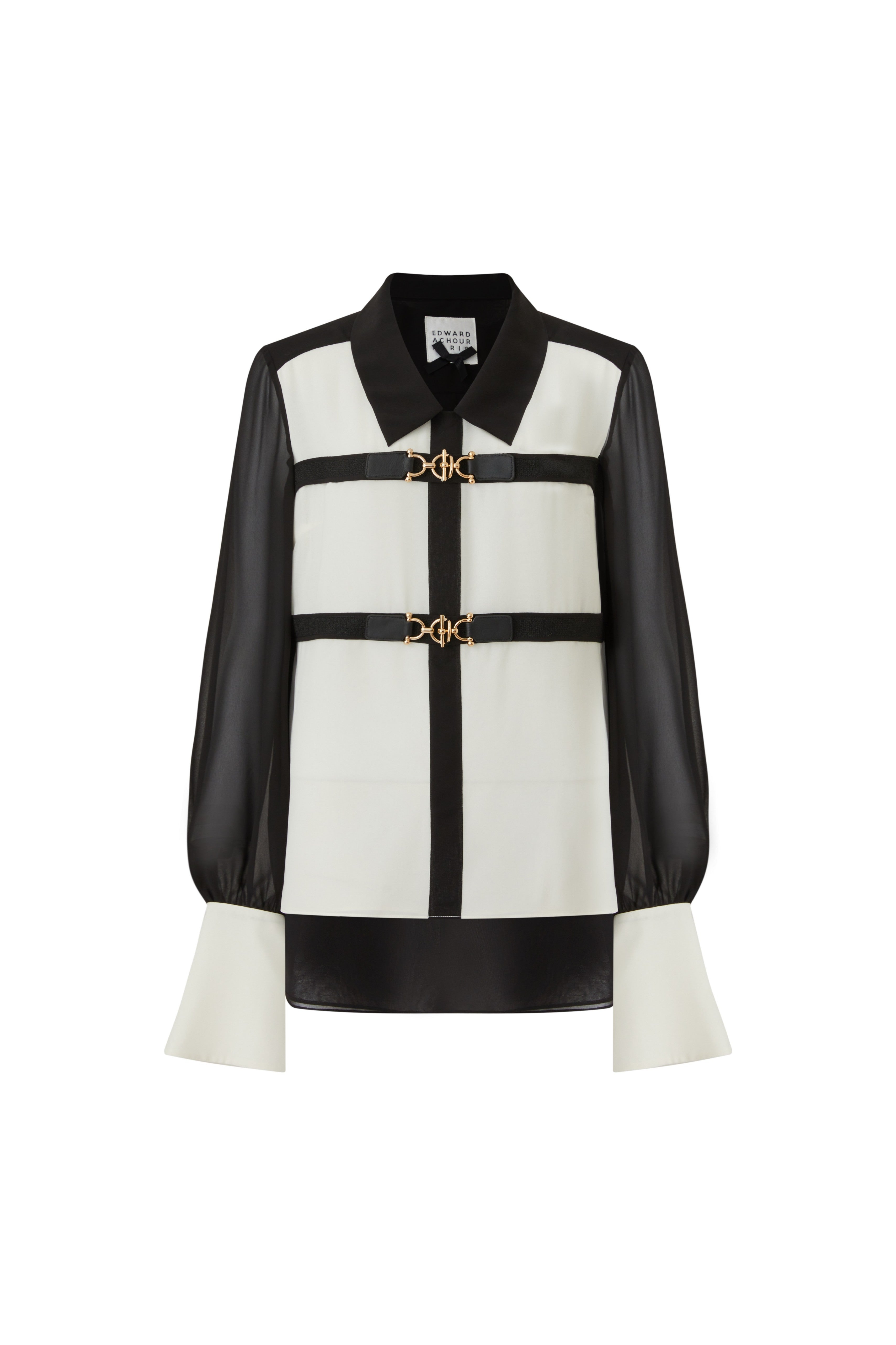 Monochrome Contrast Blouse with Gold Clasp Detail (090621/936)