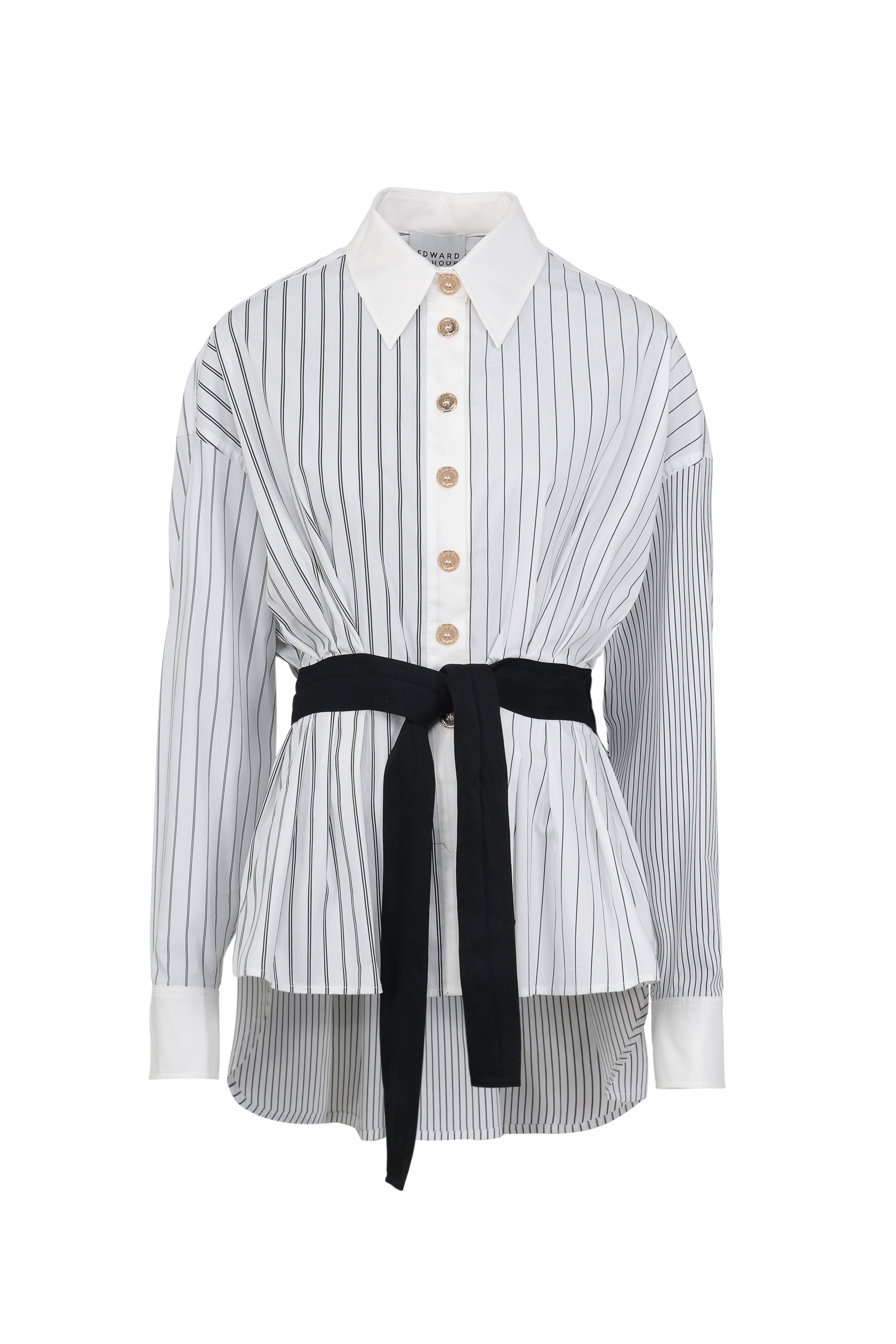 Striped Patchwork Shirt with Contrast Belt (090627/956)