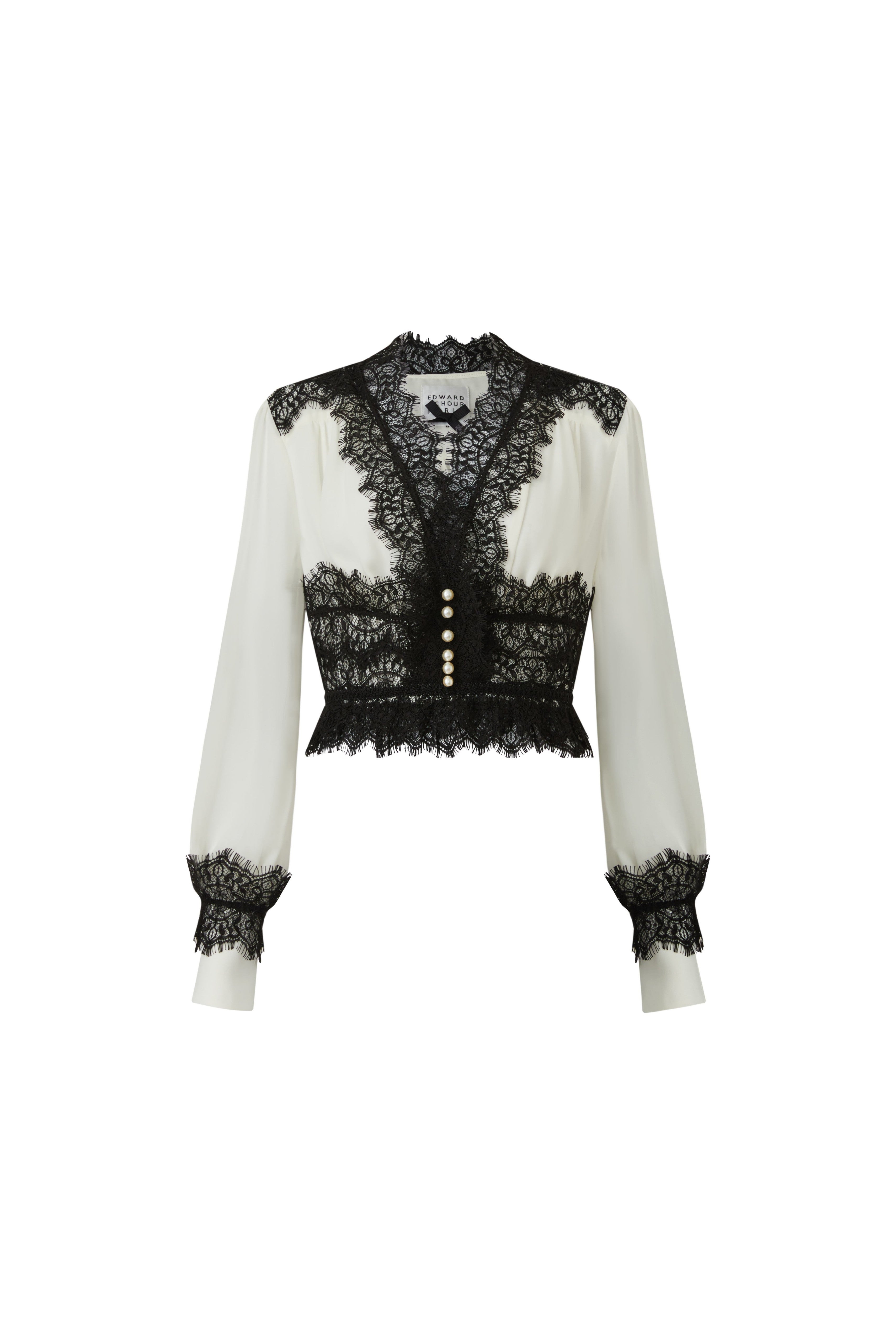 Blouse with Black Lace Trim and Pearl Buttons (090702/936)