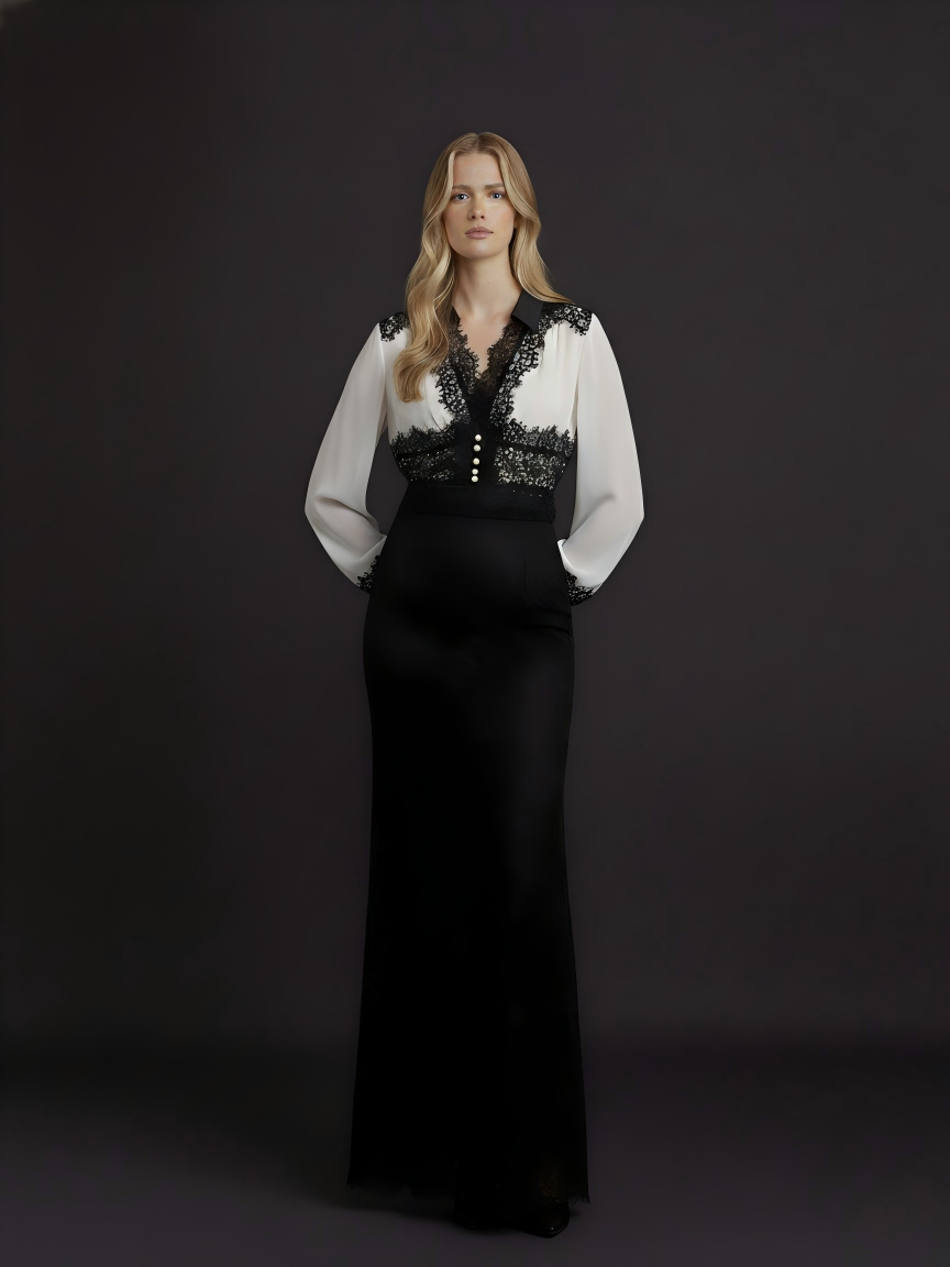 Blouse with Black Lace Trim and Pearl Buttons (090702/936)