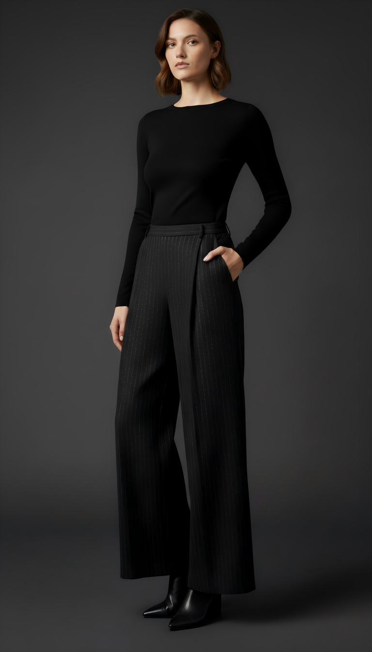 Striped Wool-Blend Tailored Pants with Gold Button (090902/911)