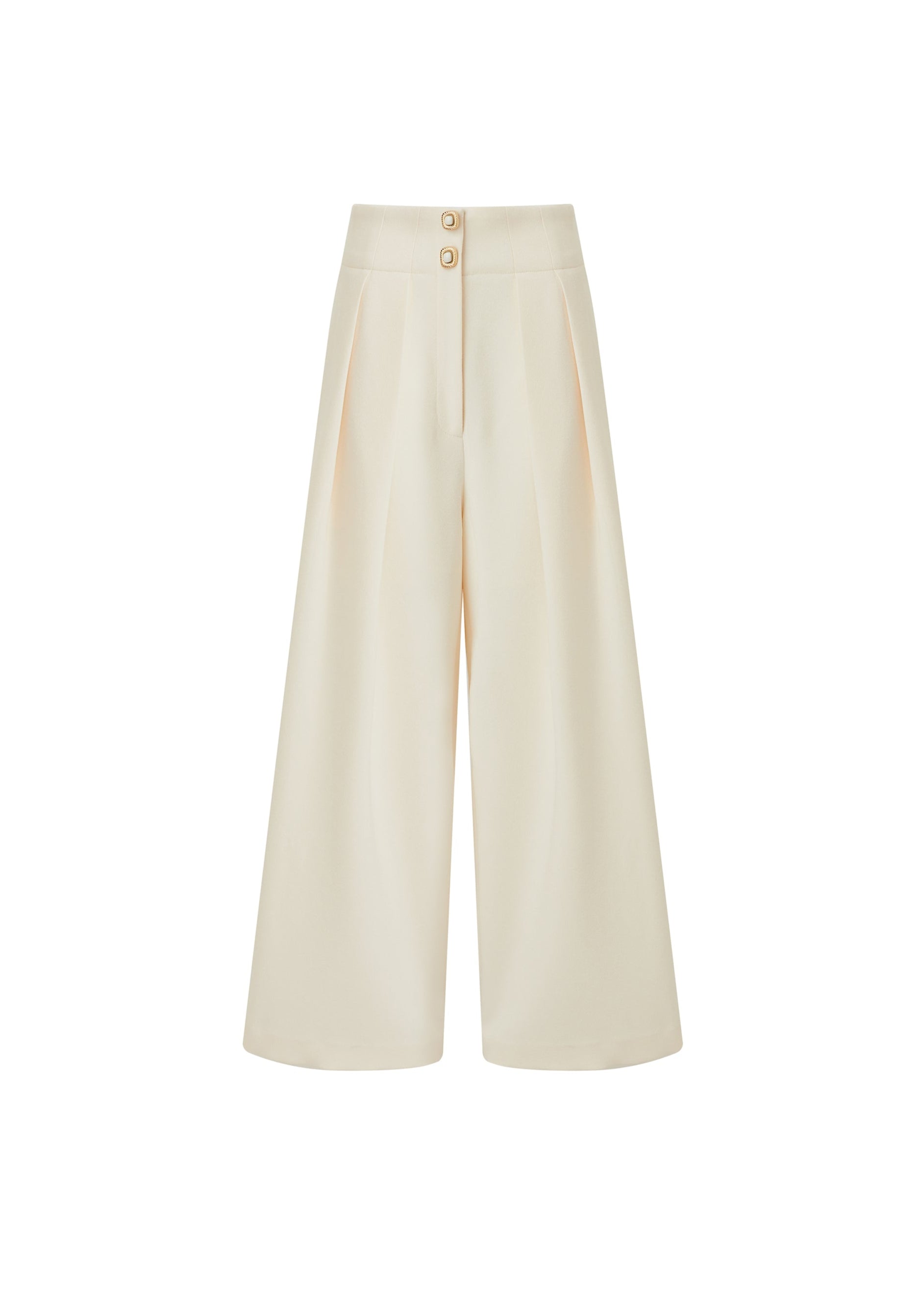 Pleated Wide-Leg Wool-Blend Pants with Gold Buttons (090904/928)