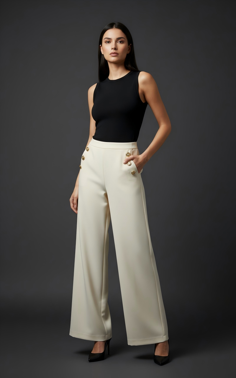 Wide-Leg Cream Pants with Side Button Detail (090907/928)