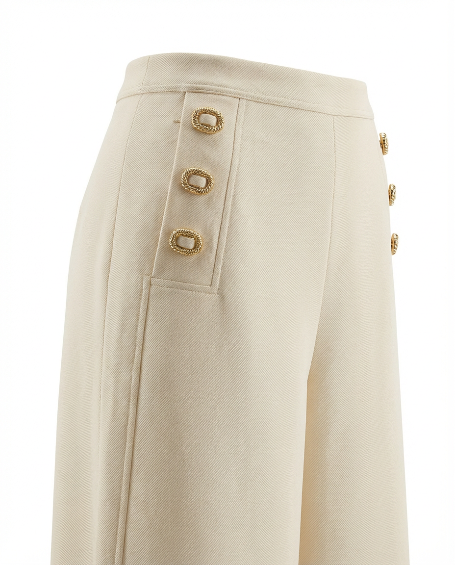 Wide-Leg Cream Pants with Side Button Detail (090907/928)