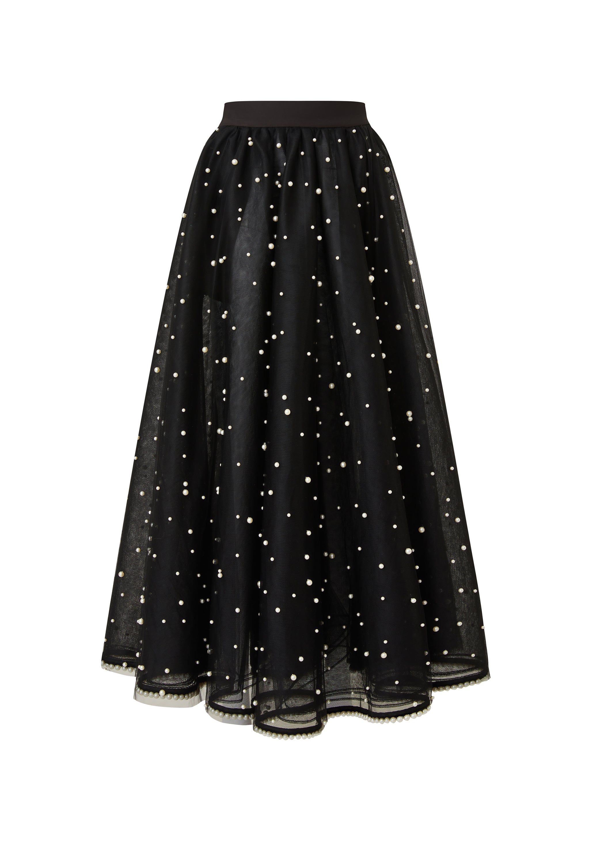 Black Tulle Multi Layers Skirt with Pearl Embellishments (091103918)