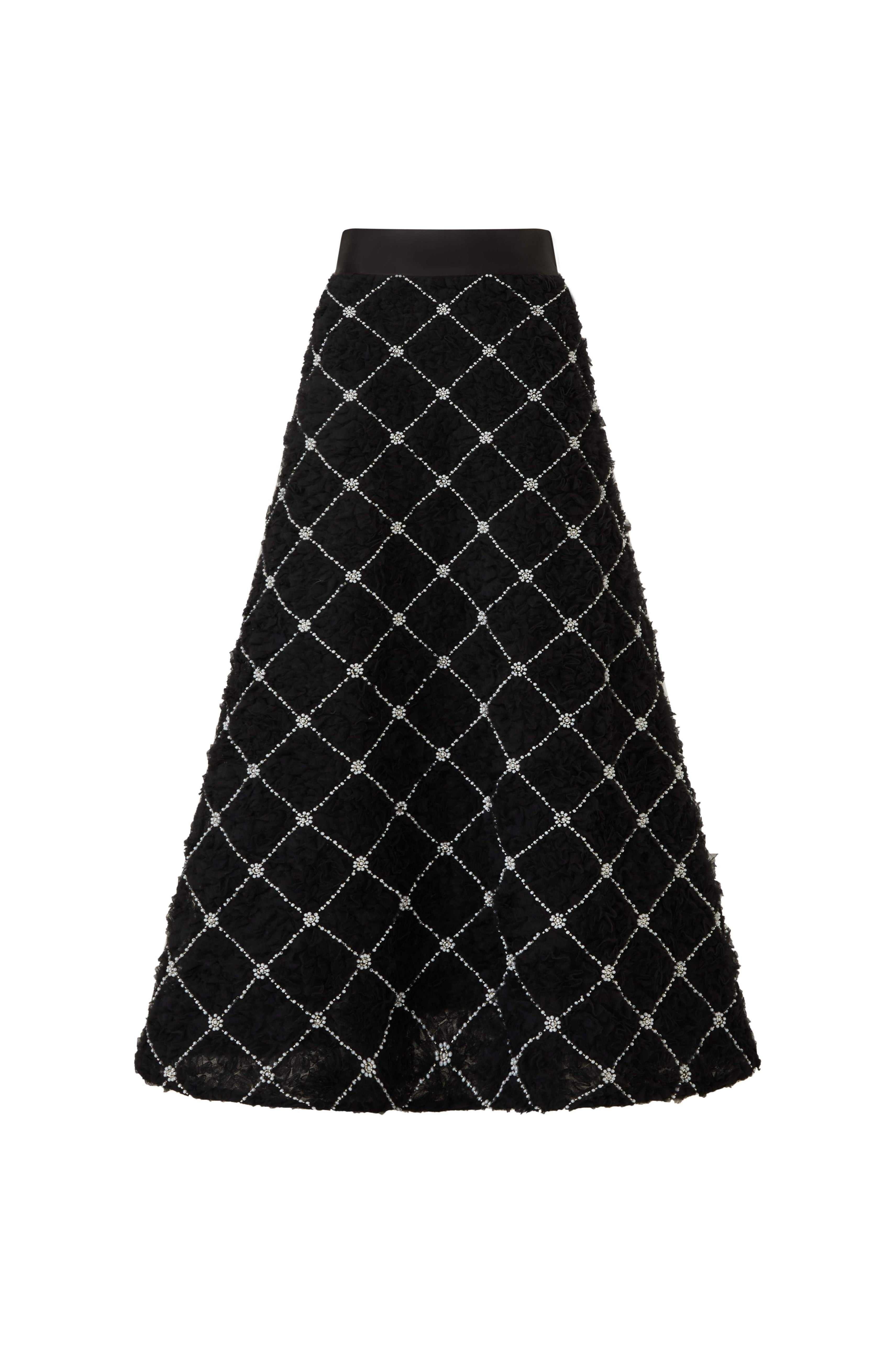 Black Textured A-Line Maxi Skirt with Lattice Pattern (091109/938)