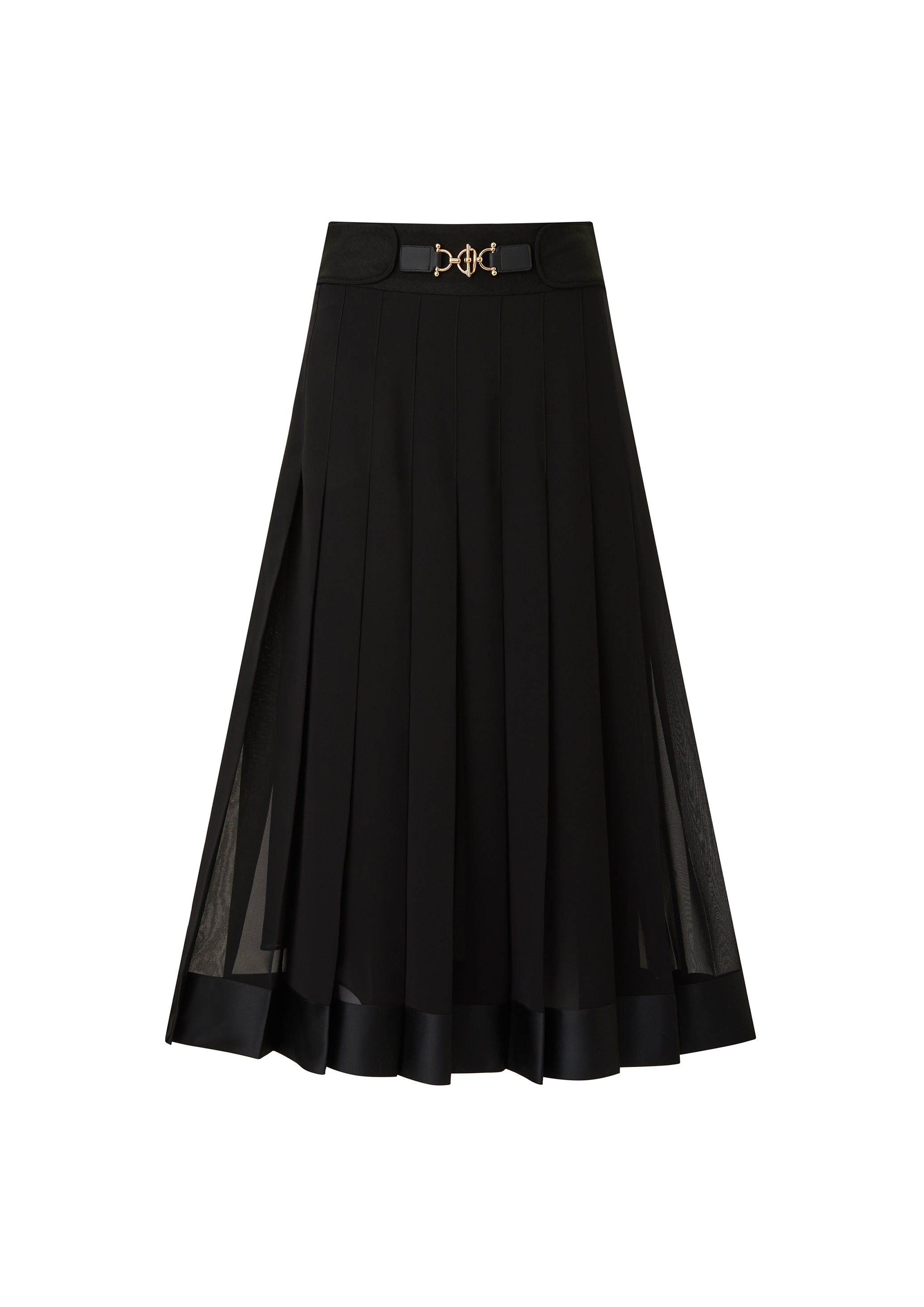 Black Sheer Pleated Maxi Skirt with Belt Buckle Detail (091110/936)