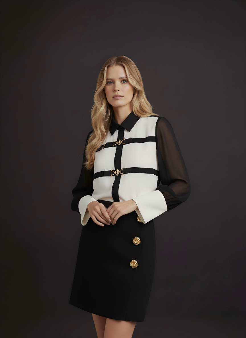 Black A-Line Skirt with Gold Rose Buttons (091112/934)