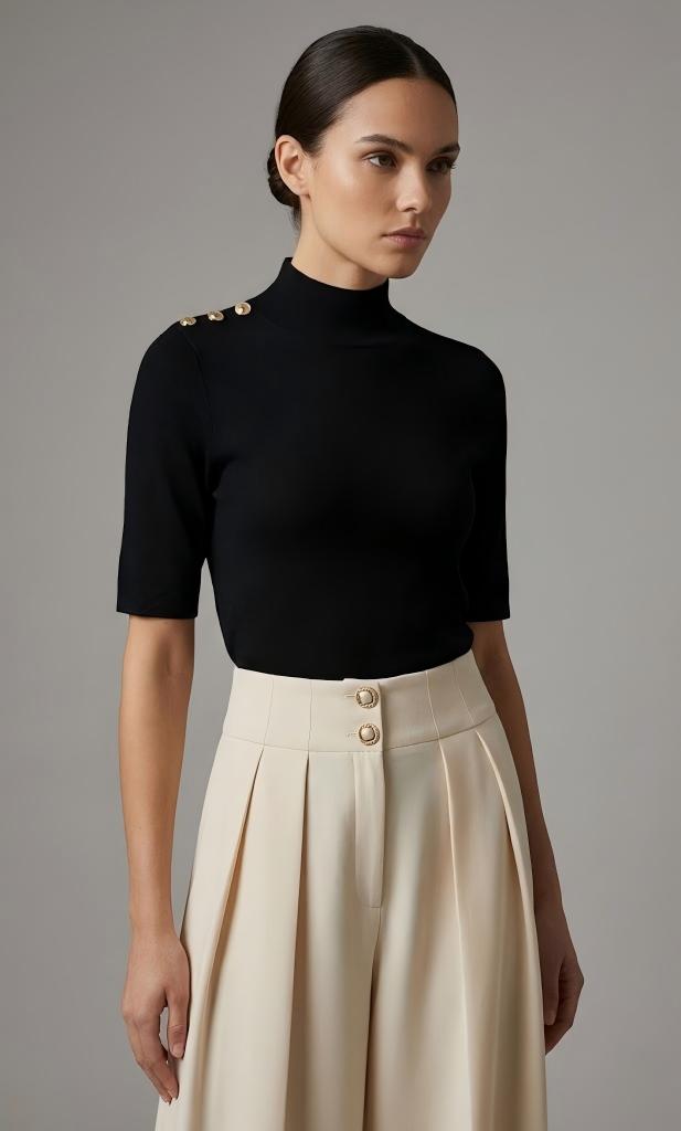 Half-Turtleneck Fitted Wool Top with Shoulder Button Detail (091501/995)