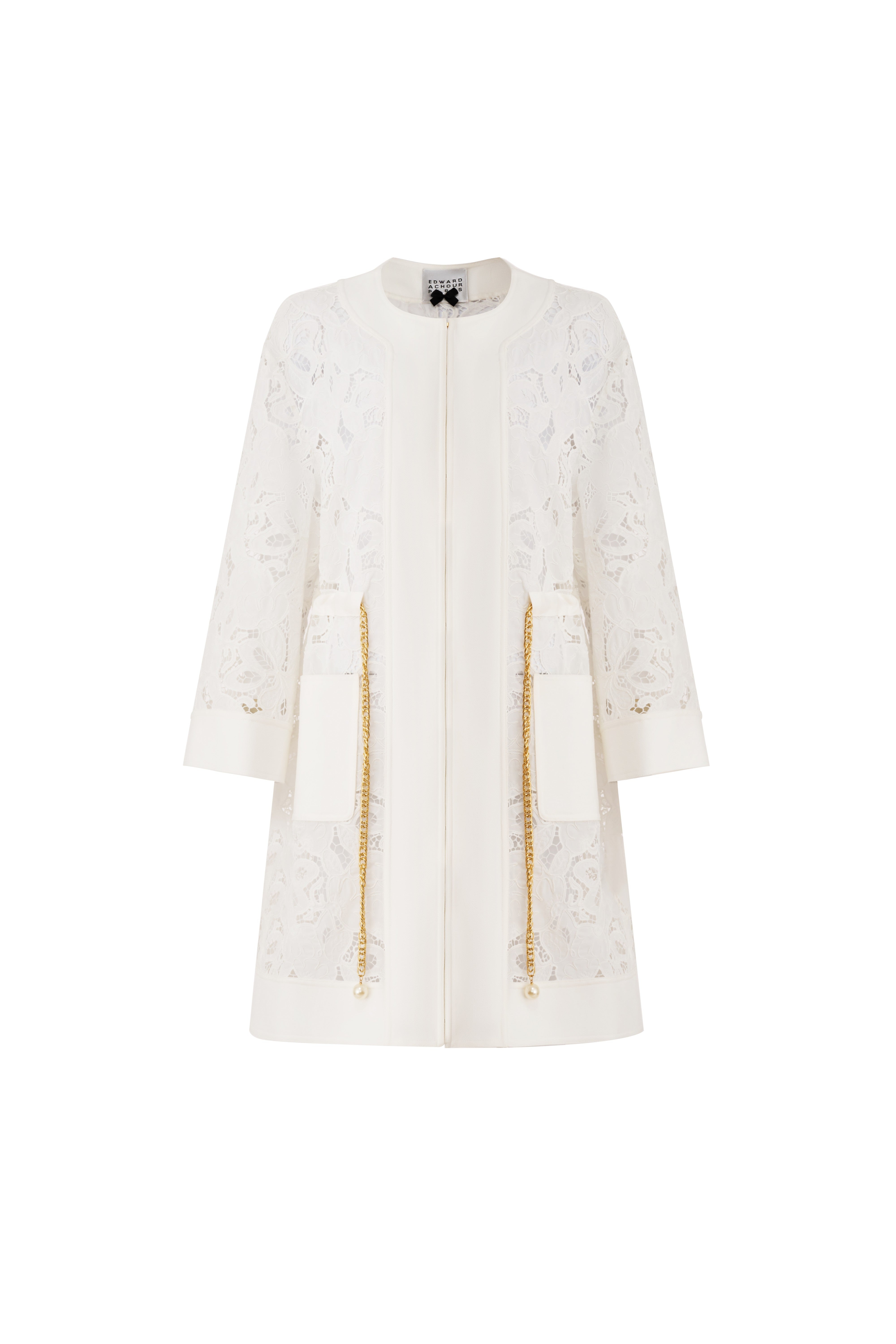 Front view of a white long-line mixed-media lace jacket with gold-tone chain drawstrings and pearl ends by Edward Achour.