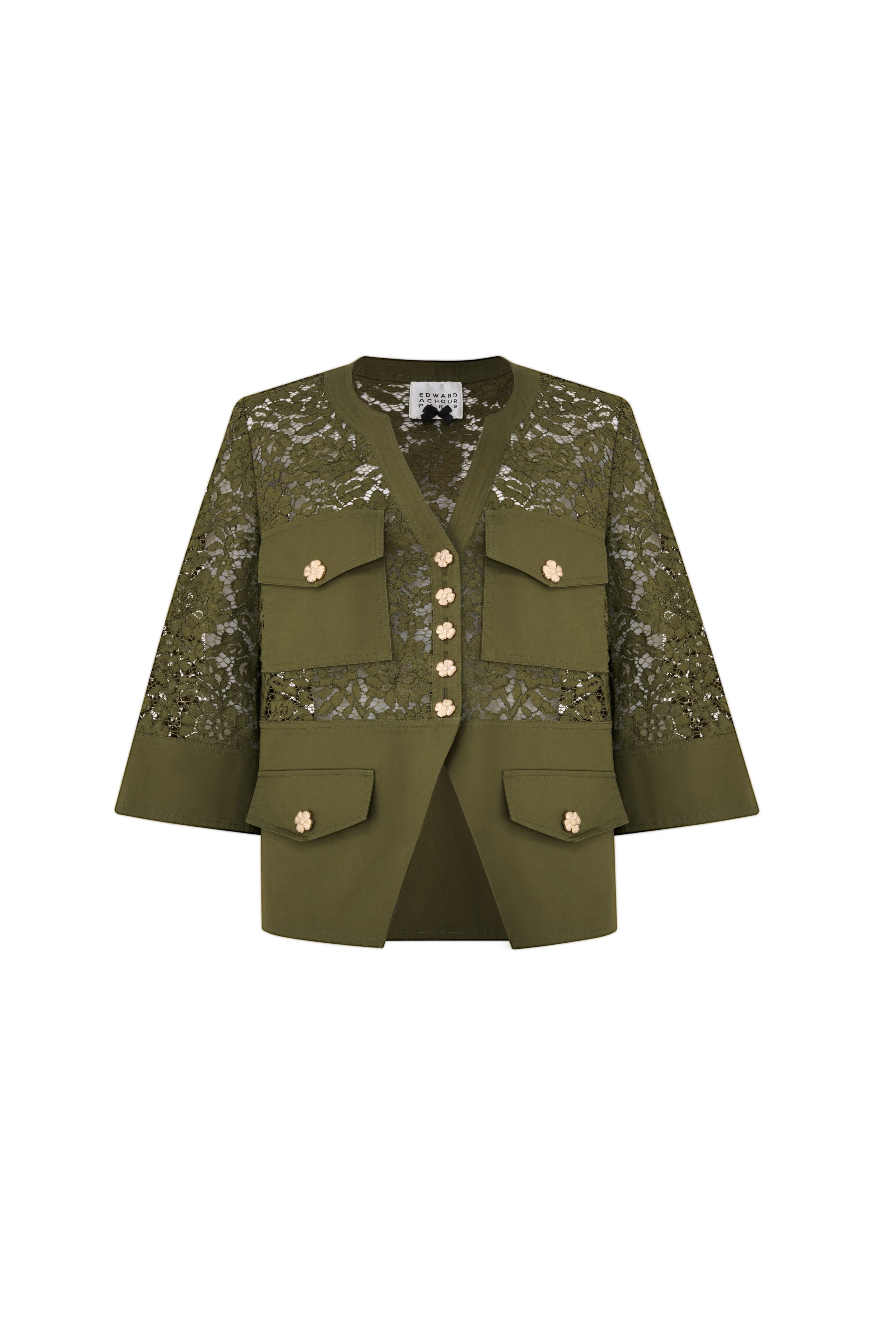 Front view of a boxy olive green mixed-media jacket with sheer lace panels and four flap pockets by Edward Achour.