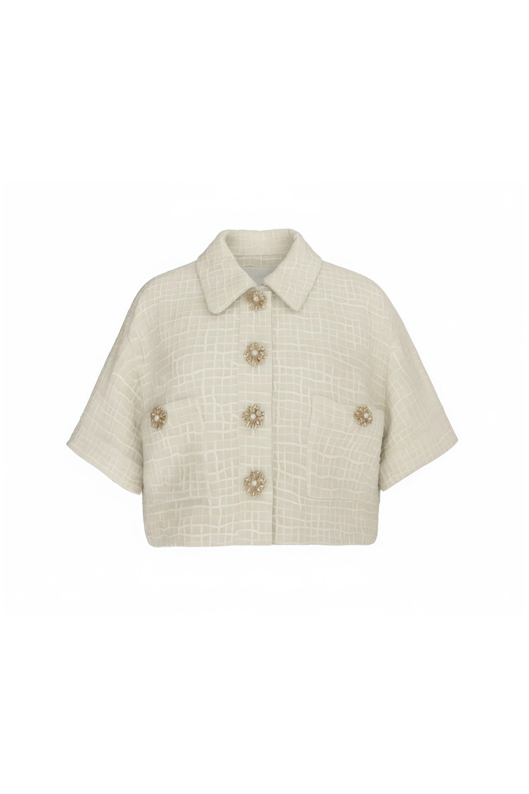 Front view of a cropped cream windowpane bouclé jacket with patch pockets by Edward Achour.