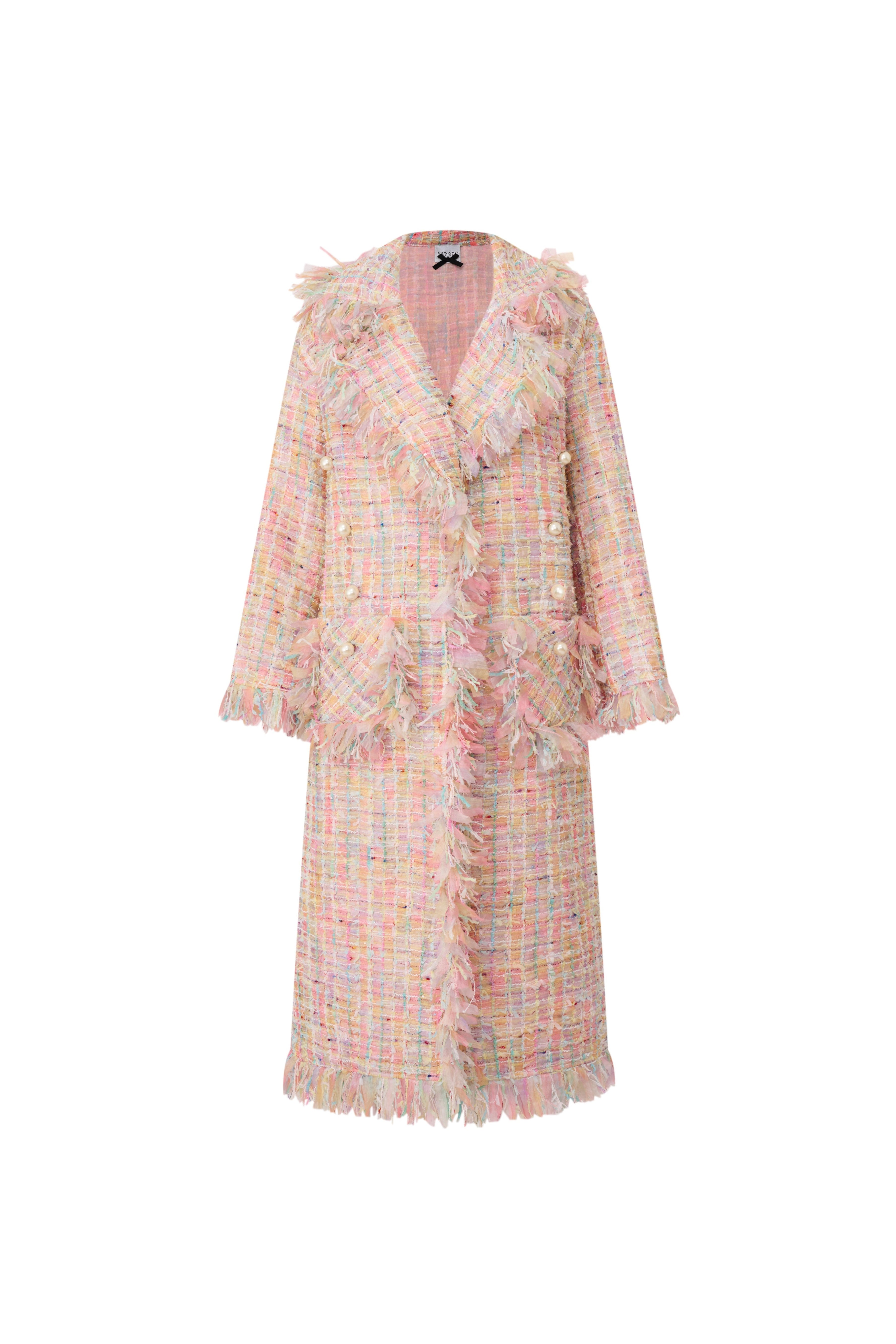 Front view of a long pink multi-color bouclé A-line coat with heavy fringe trim and pearl buttons by Edward Achour.