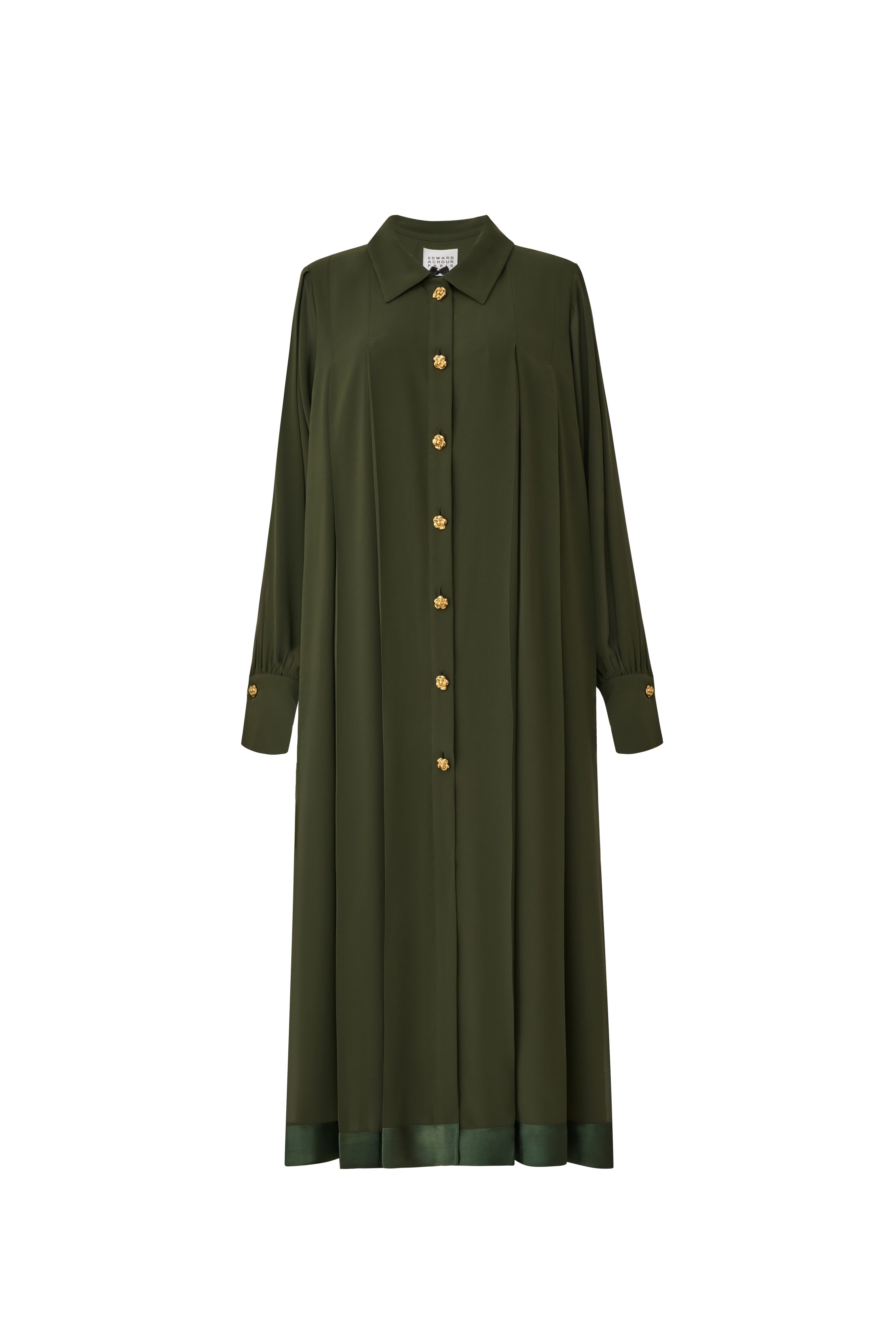 Front view of a pleated olive green midi shirt dress with gold flower buttons by Edward Achour.