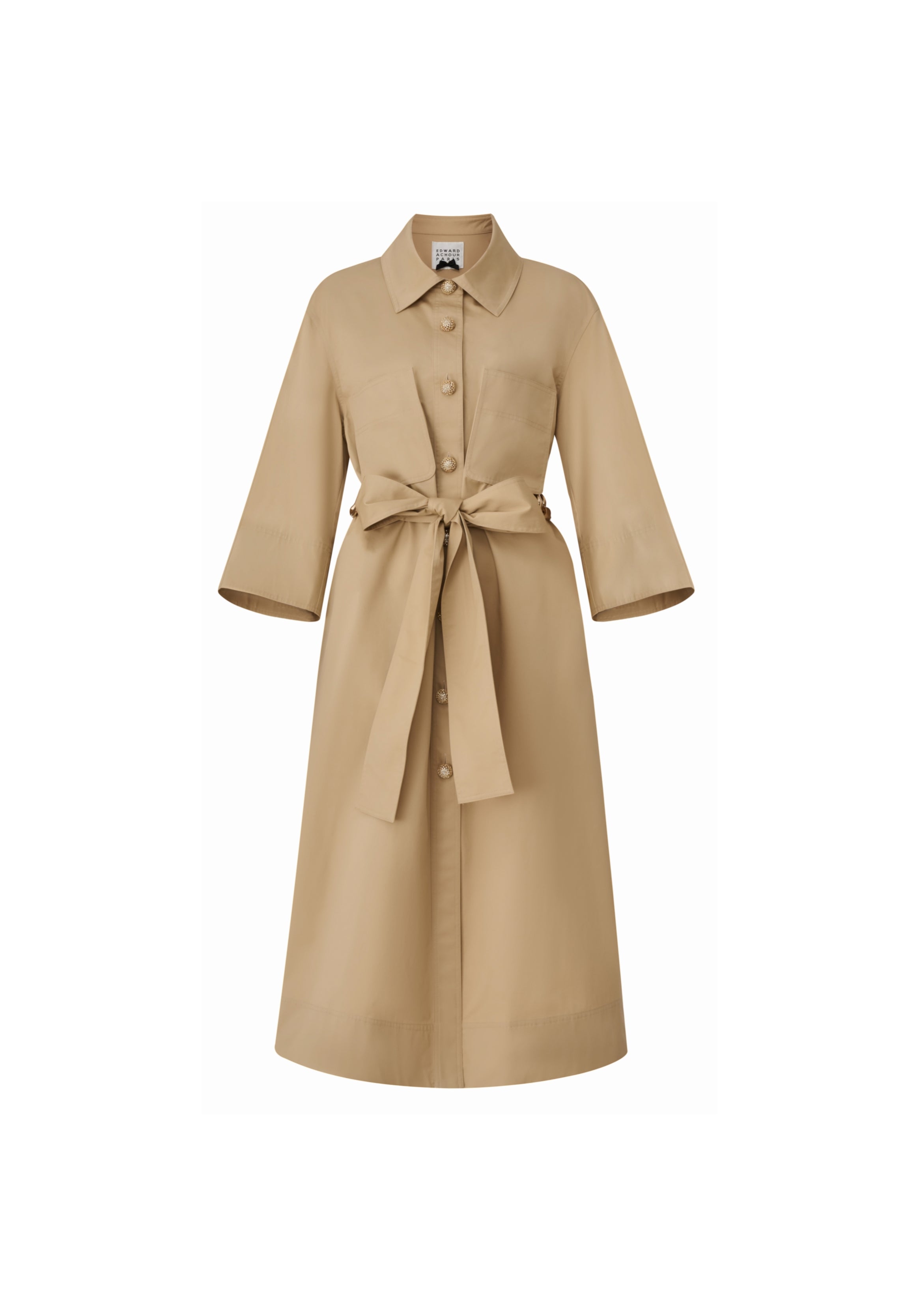 Front view of a khaki three-quarter sleeve midi shirt dress with a waist tie and gold buttons by Edward Achour.