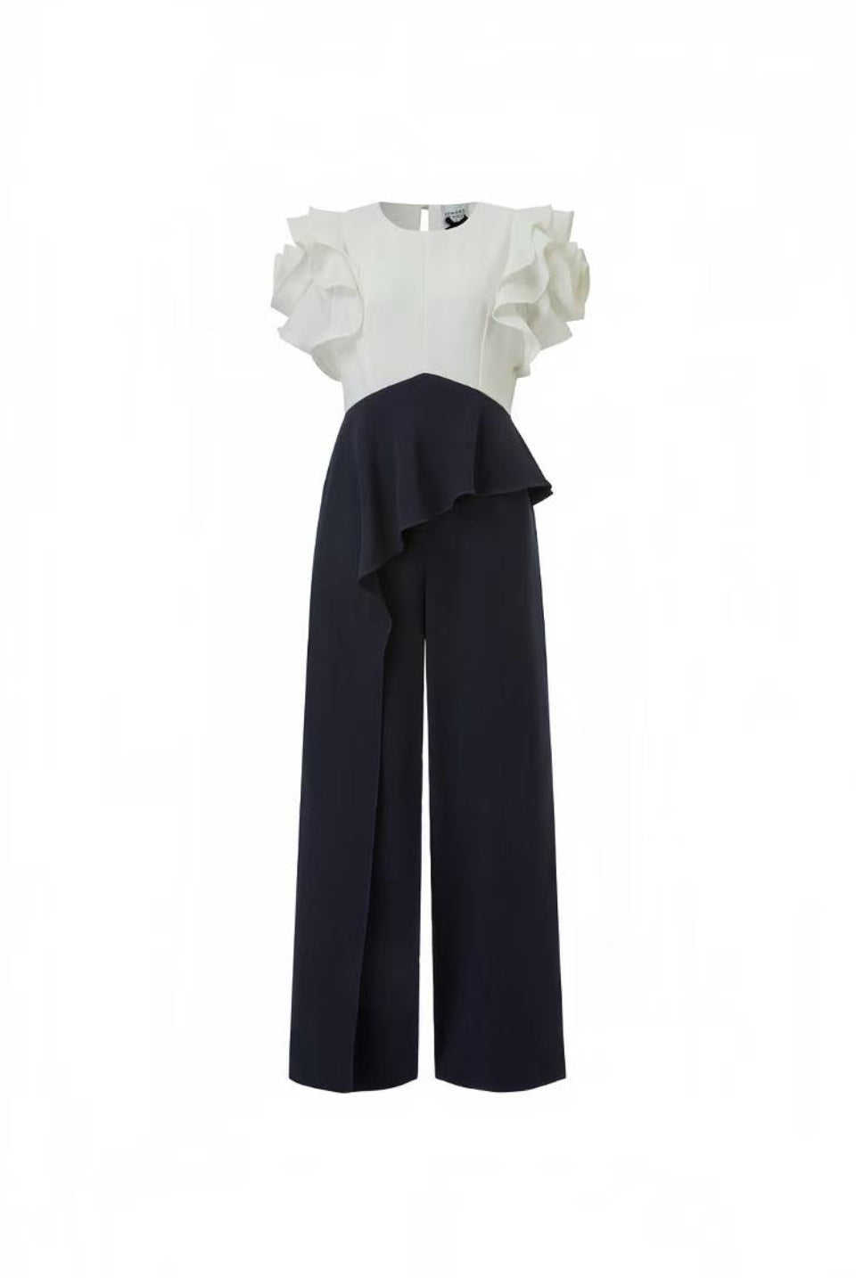 Front view of a navy and white color-block jumpsuit with dramatic shoulder ruffles and wide-leg trousers by Edward Achour.