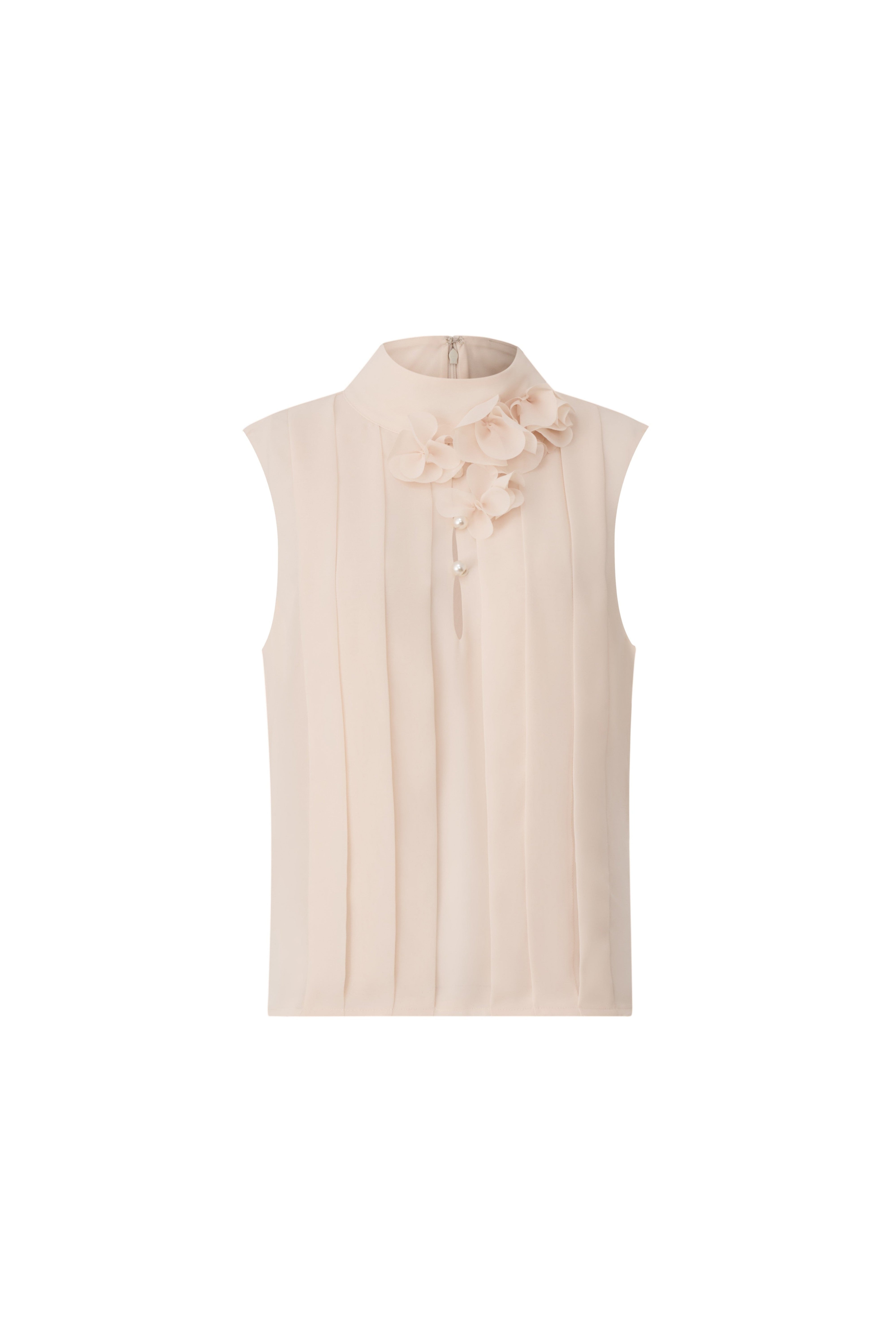 Front view of a sleeveless top with a 3D flower detail at the neck