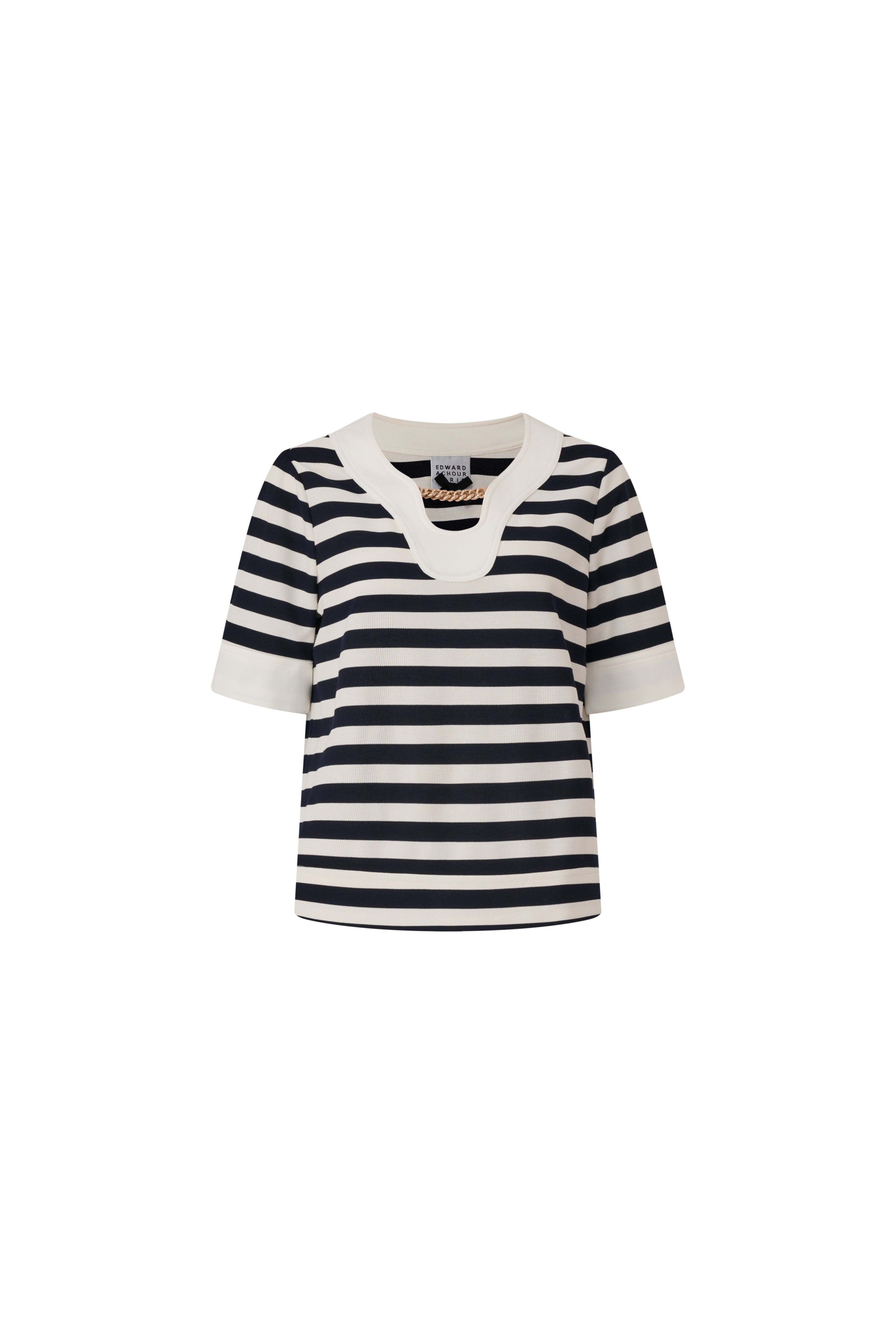 Front view of a navy and white striped short-sleeve top with a gold chain at the neck.