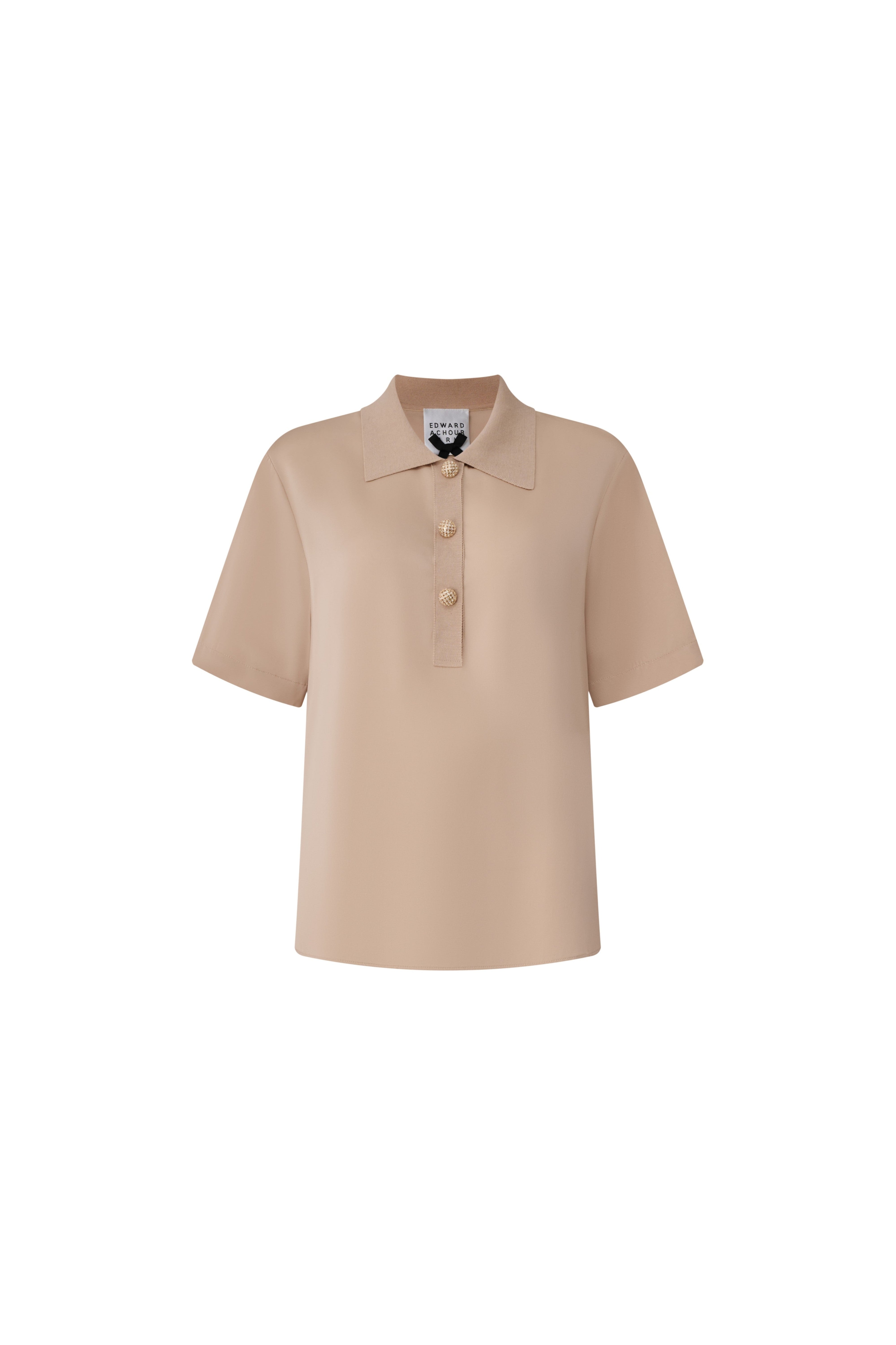 Front view of a camel-colored 100% silk short-sleeve polo blouse with gold buttons.