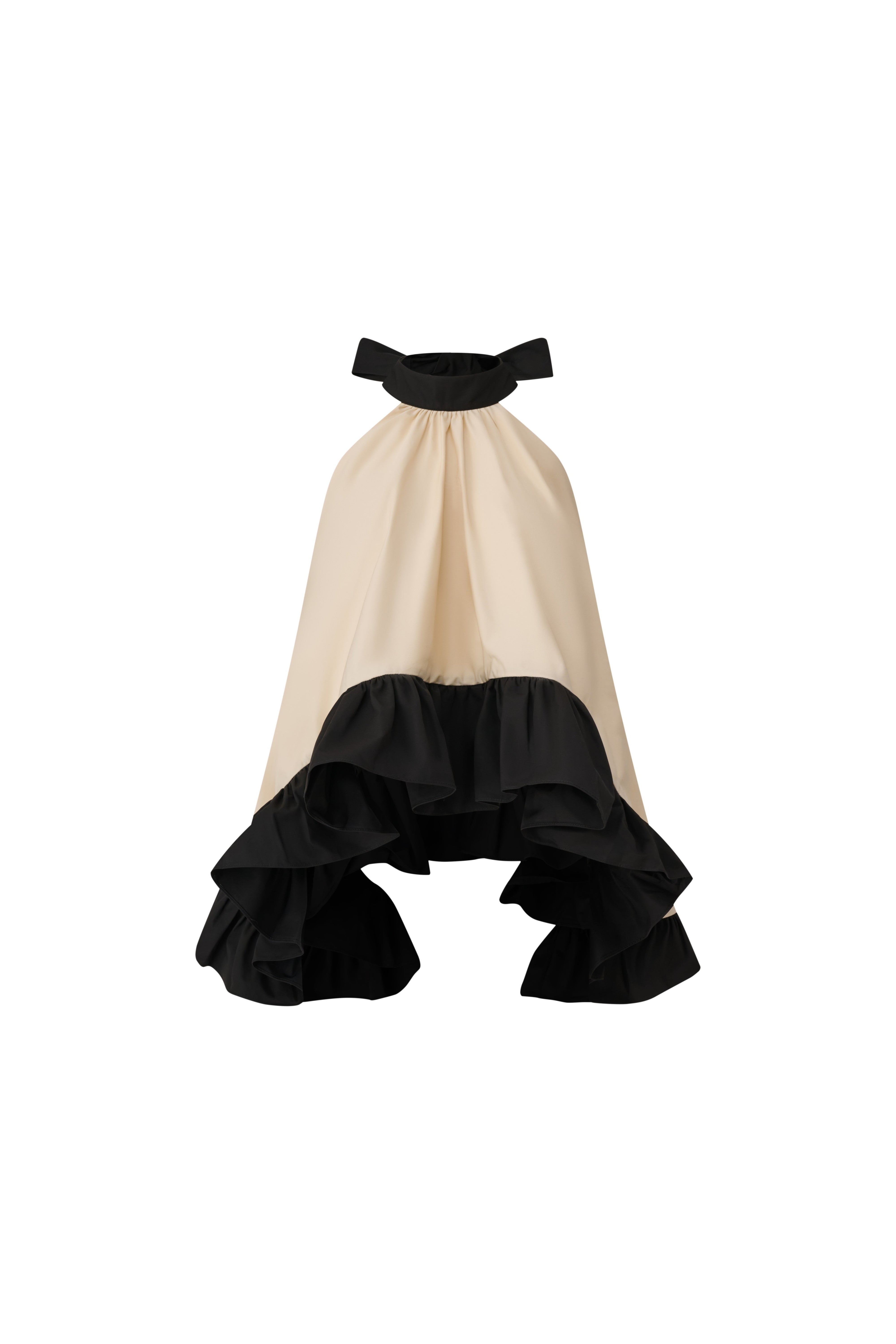 Edward Achour beige and black voluminous cotton ruffle top.
