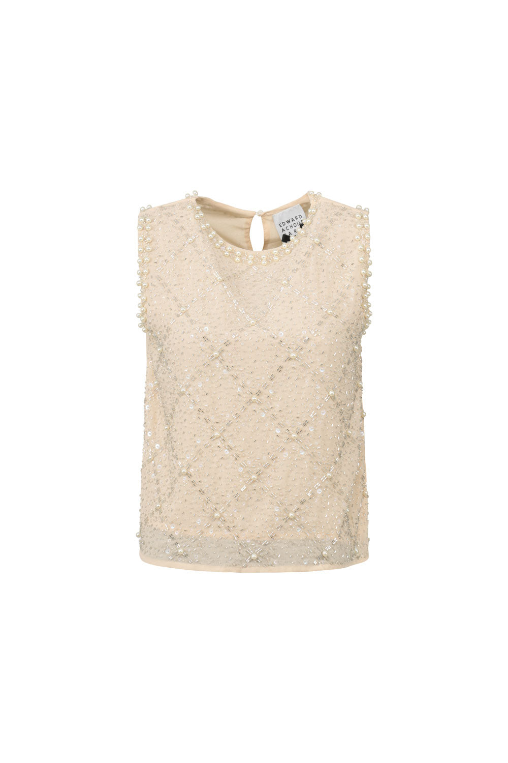 Front view of a champagne Edward Achour sleeveless top with pearl and bead embellishments.