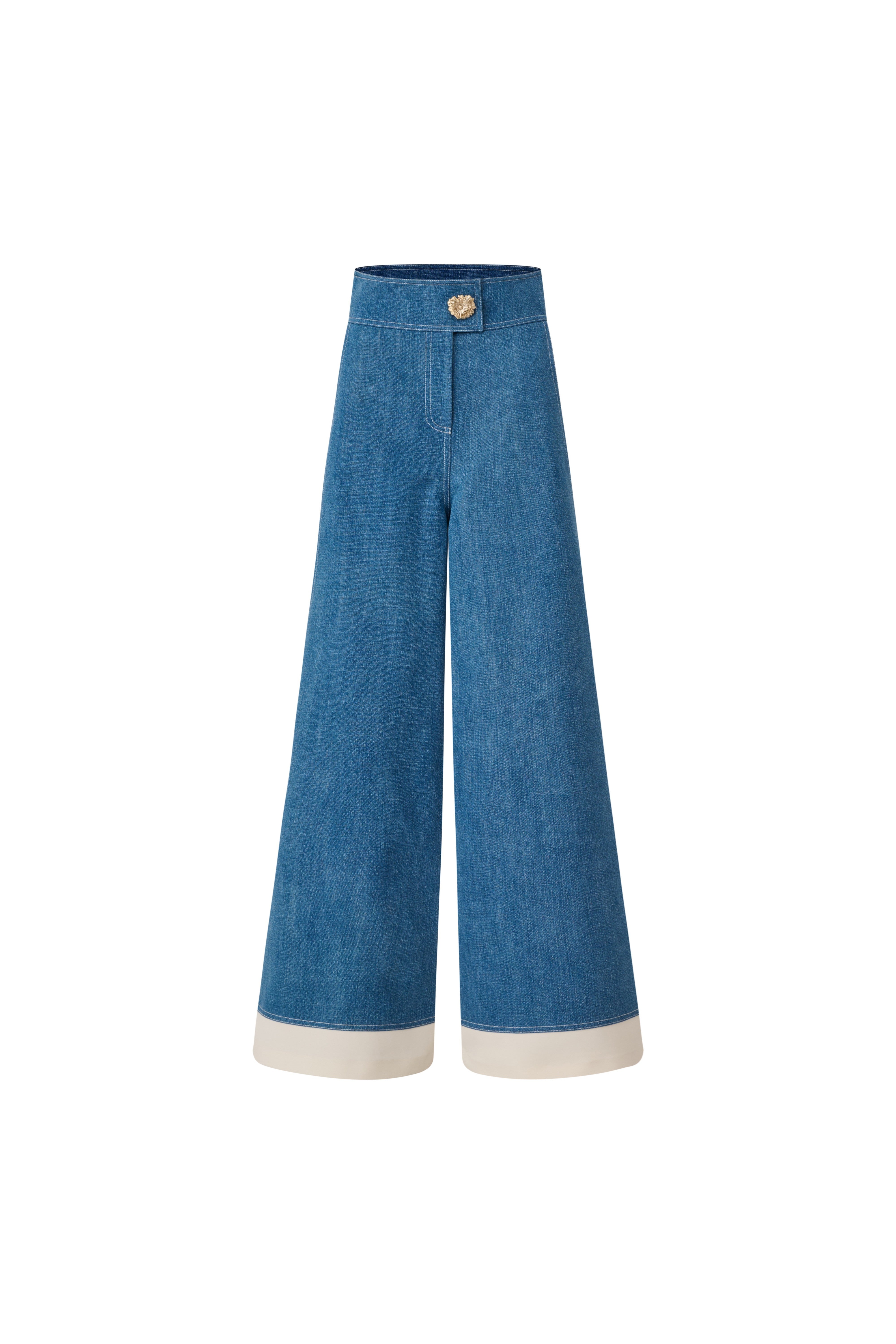 Front view of Edward Achour blue wide-leg jeans with contrast cream cuffs and gold button.